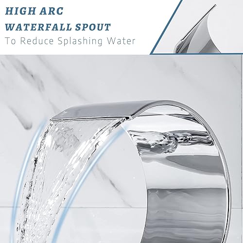 Miniatura 10 de BANGPU Grifo de lavabo de baño de cascada de 8 pulgadas, grifo de llenado de bañera de montaje de arco alto, 2 pomos de cristal, grifo mezclador de