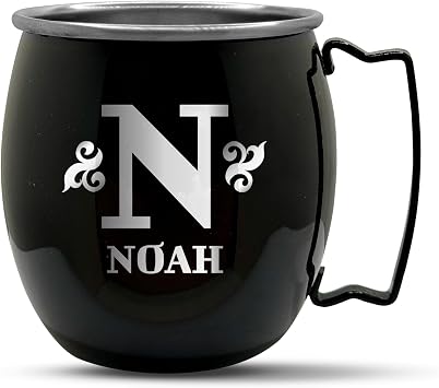 Personalized Custom Smooth Finish Black Moscow Mule Mugs with Bold Monogram Engraved Bar Style Cup, 16 oz | Single