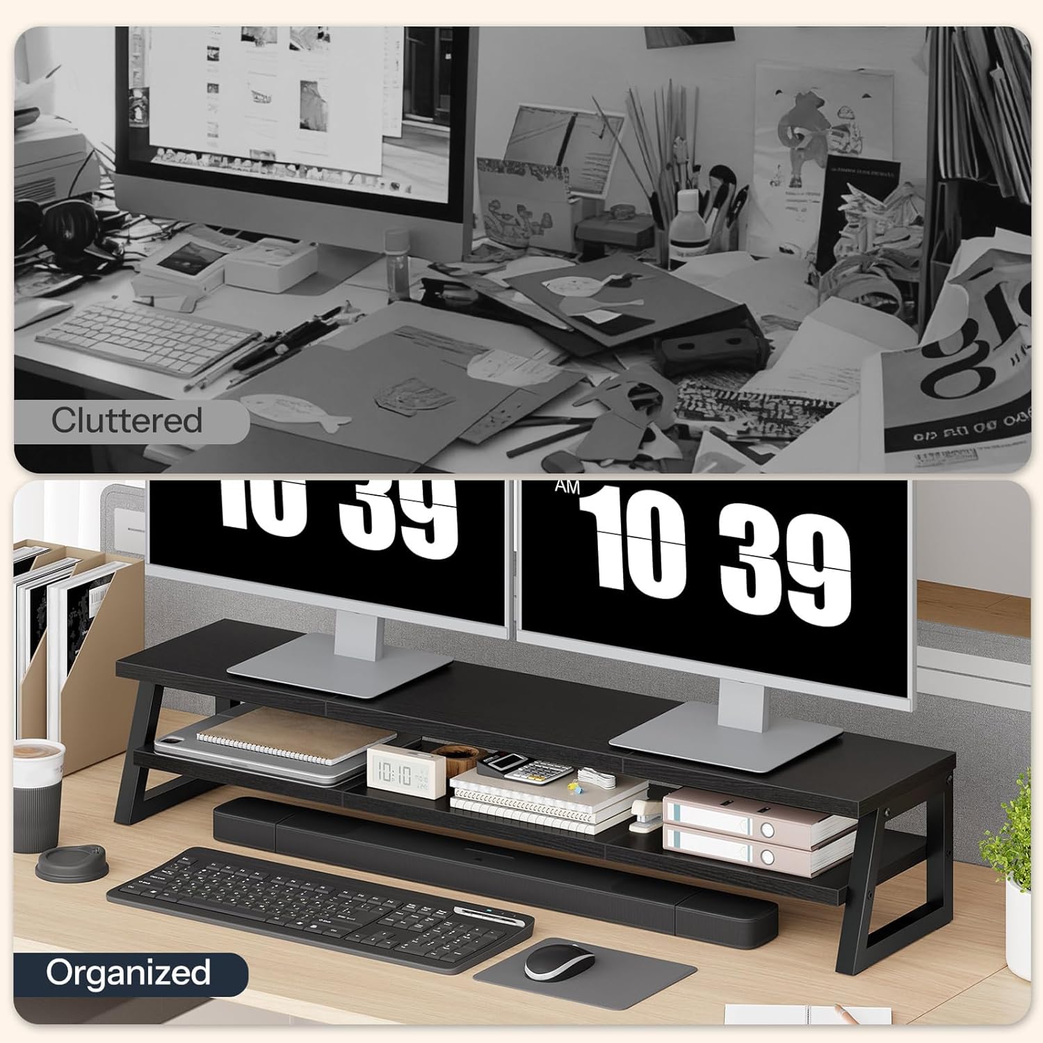 HOOBRO 2-Tier Dual Monitor Stand Riser, 39 Inch Large Computer Monitor Stand for 2 Monitors, Computer Monitor Riser, Desk Shelf Organizer for Office Desk, Accessories, Black BB122CJ01