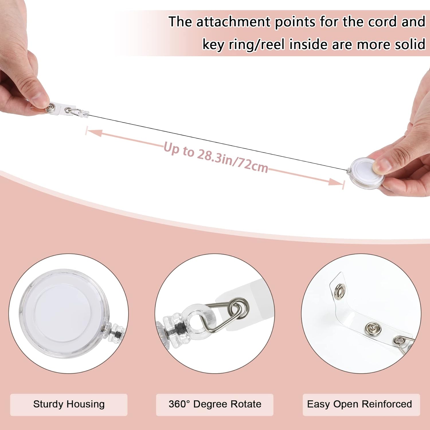 JANYUN 100 Pcs Badge Reels Retractable Badges Holder for ID Card Keychain Whistles Lanyards for School Office (Clear White)