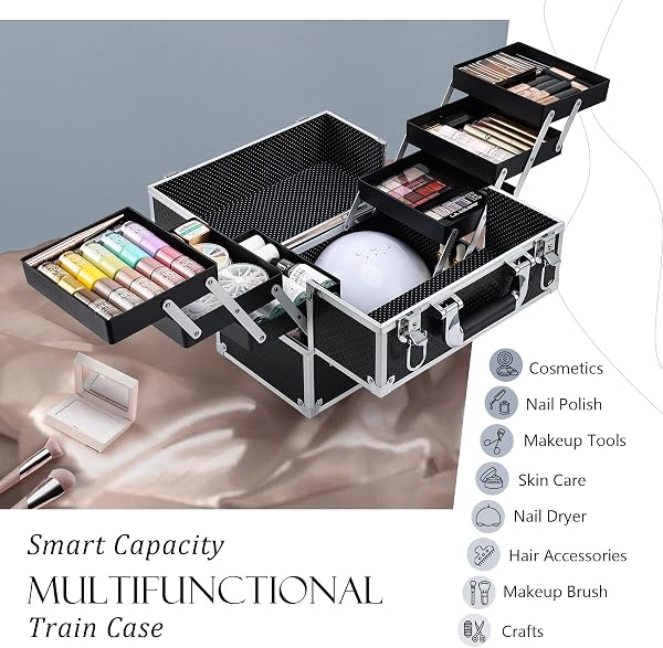 Mallette à Maquillage Valise Maquillage Coffret Rangement avec Doubles Serrures Maquillage Aluminium Boîte de Cosmétique Organiseur Professionnel Beauté Cas Vanité Grande (Noir) - 5