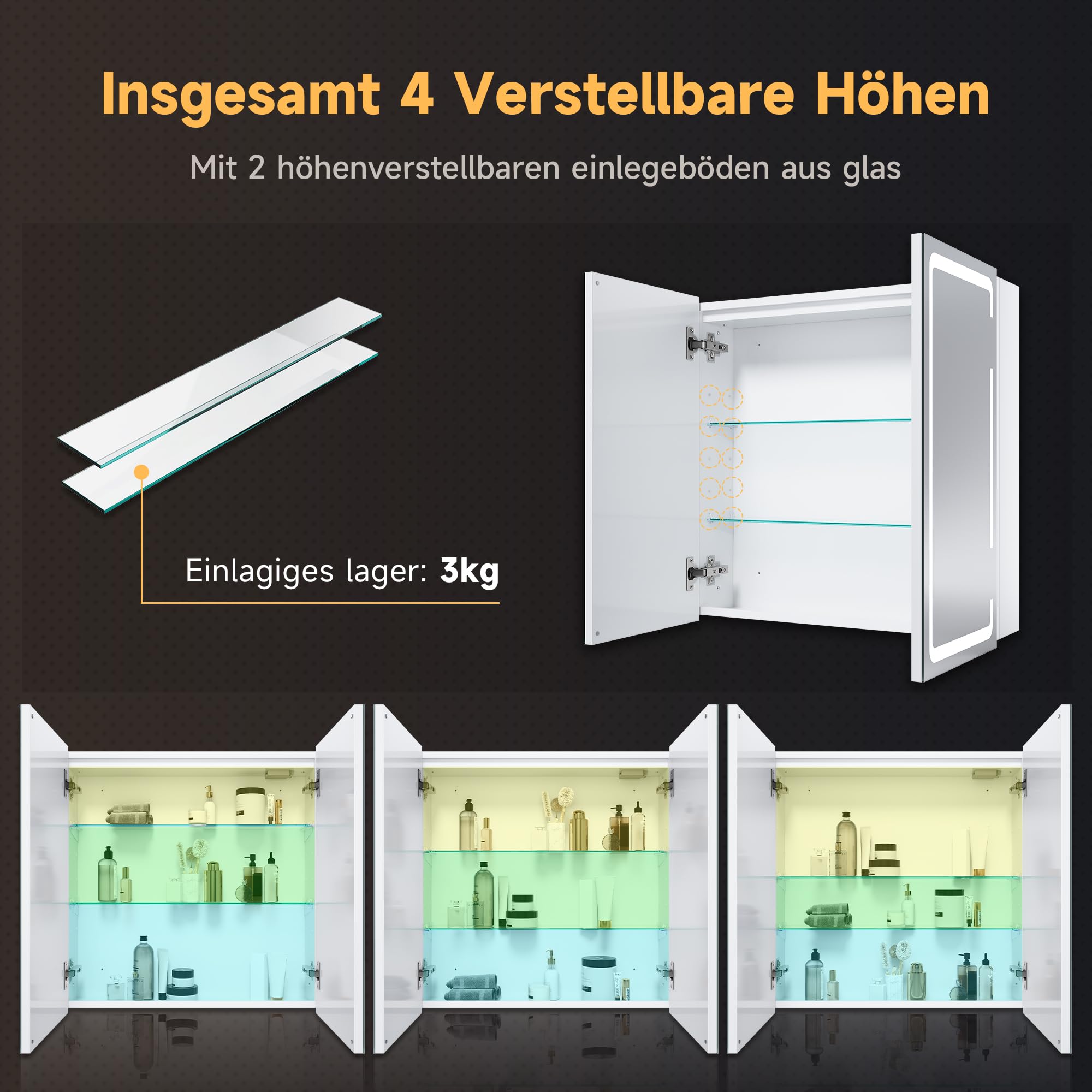 SONNI Szafka łazienkowa z lustrem LED, 60 x 59 cm, metalowa szafka z lustrem z dotykowym włącznikiem, 3 kolory światła + defogging, bezprzewodowy zawias, biała, łazienka, szafka medyczna