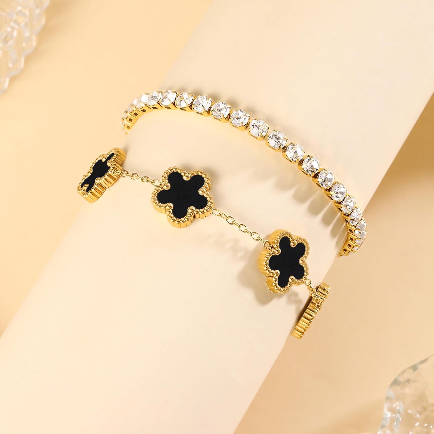 Stackable Four Leaf Clover Bracelets for Women, Tennis Bangle Bracelets Set for Women, 2 Pcs Trendy Jewelry Gifts - Image 5