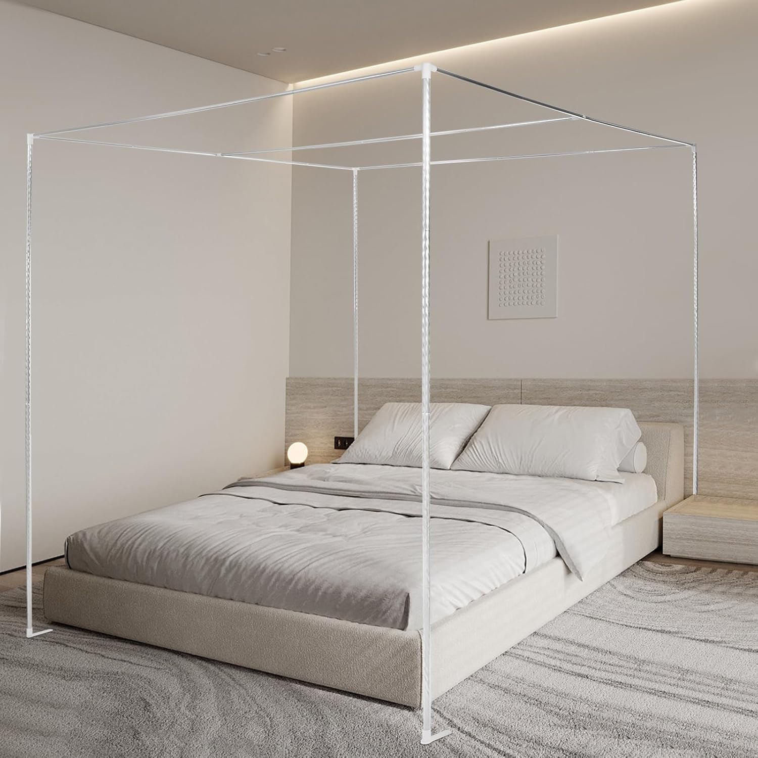 Canopy Bed Frame Enhanced Stainless Steel Poles White Queen Size Four Corner Bed Canopy Frame Modern Bedroom Decor Fit for Mosquito Curtains(no Included) (4.92 * 6.56 * 6.56ft)
