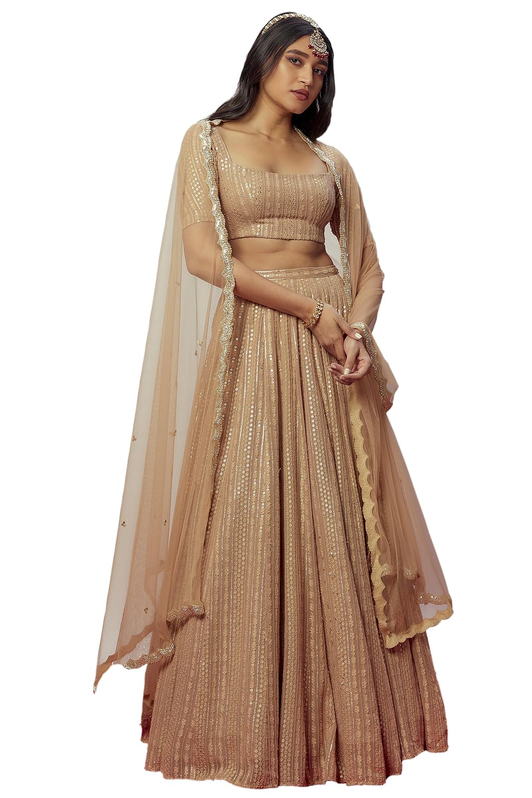 Fab WindowWomen's Embroidered Work Georgette Fabric Chaniya Choli with Dupatta Semi Stitched (Brown_Semi Stitched).