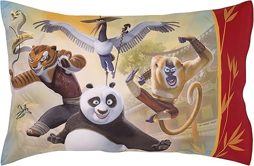 Miniatura 5 de NoJo DreamWorks Kung Fu Panda Dragon Warrior - Juego de ropa de cama infantil de 4 piezas con edredón y amigos, color rojo y dorado, sábana bajera
