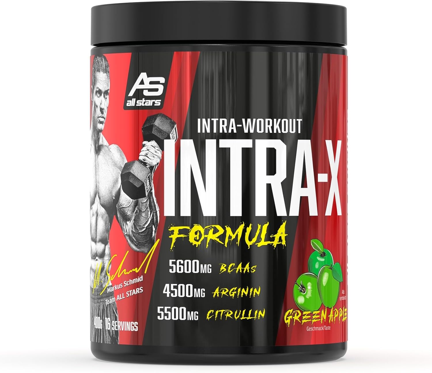 Intra-X Markus Schmid Edition Green Apple, fruitig intra-workoutpoeder met BCAA’s, EAA’s, arginine en citrulline, evenals vitamine C en B6, 400 g