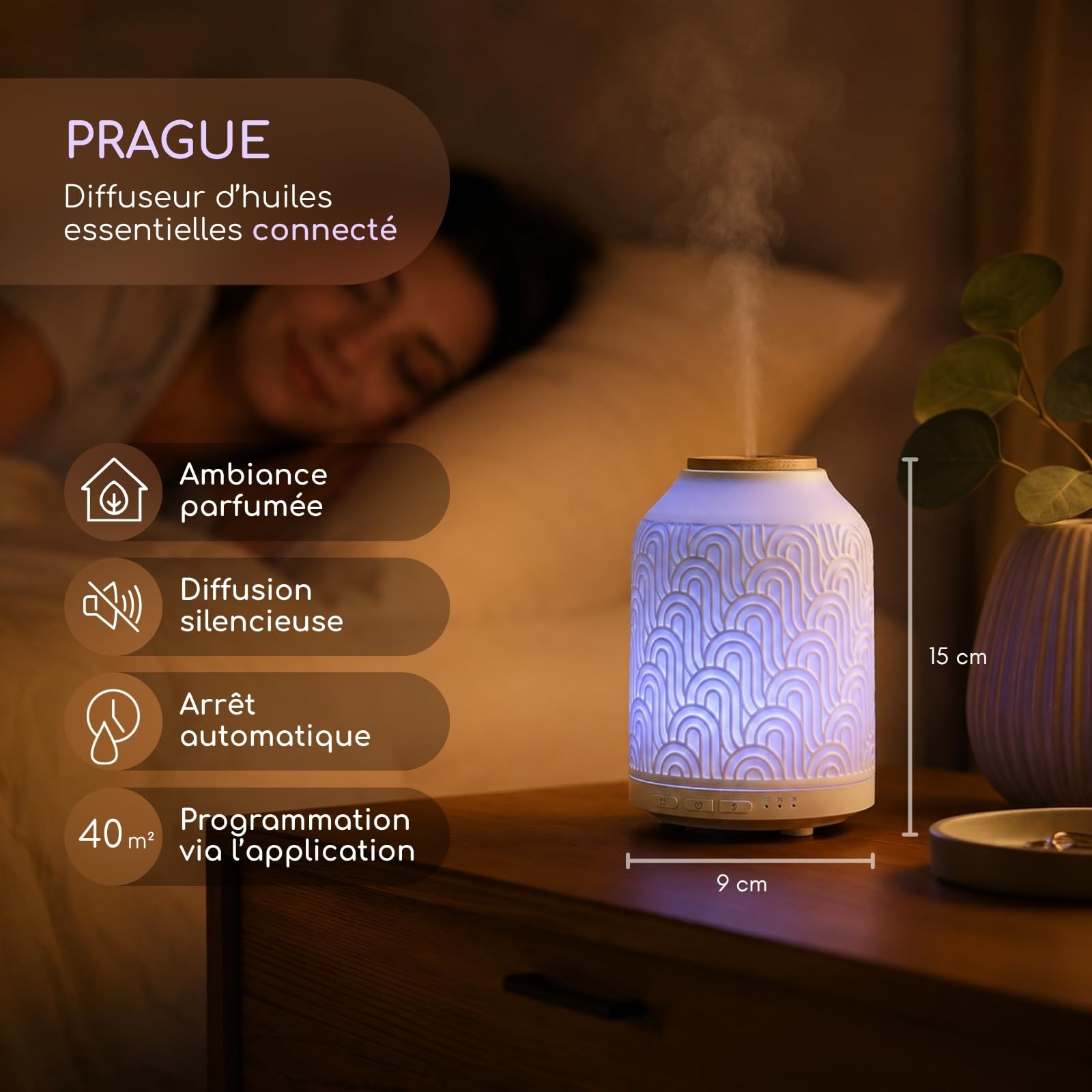 Zen'Aroma Difusor de Aceite Esencial WiFi Praga - Difusor Eléctrico Conectado Compatible Alexa/Google Home - Control Total Remoto en la App Tuya Smart - Materiales Naturales Madera y Cerámica