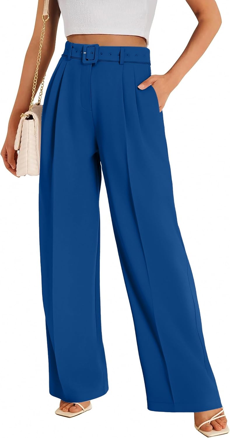 FUNYYZO Women Dress Office Pant High Waist Wide Leg Slacks Business Work Casual Long Belted Trousers 2026