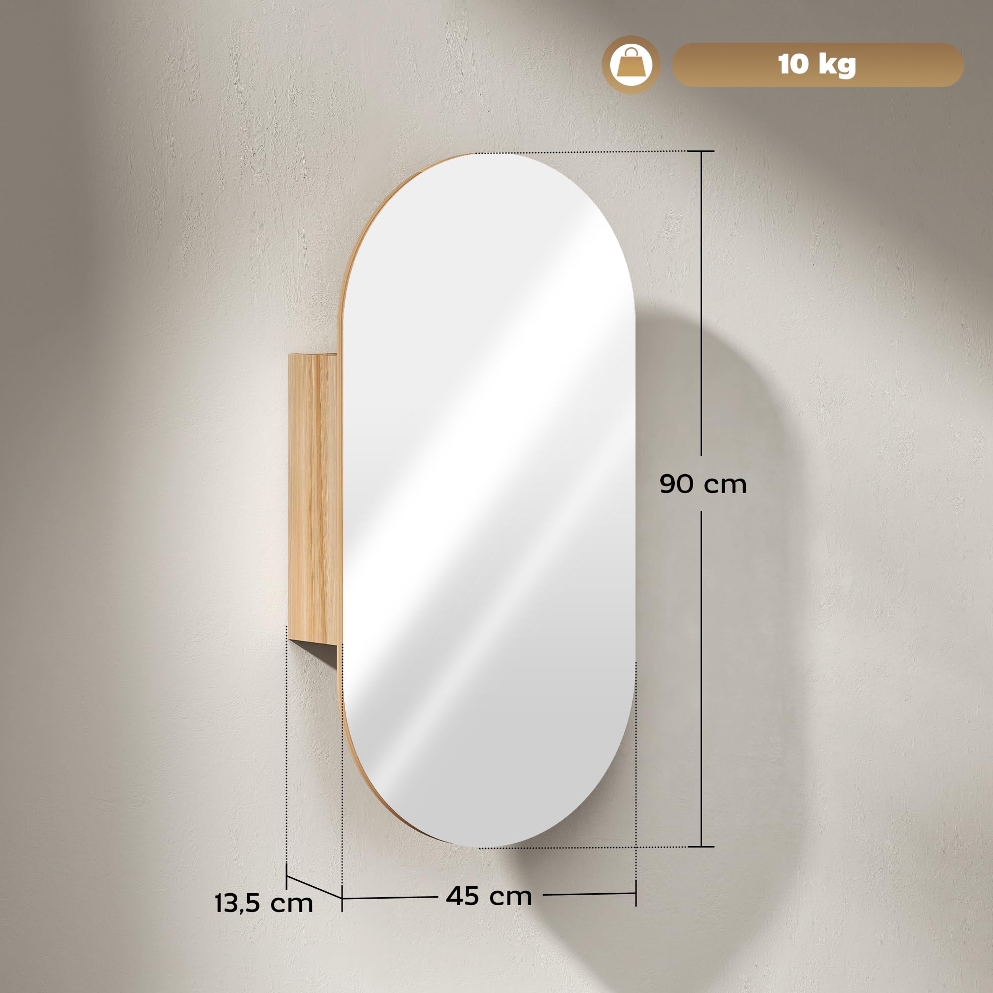 HOMCOM Mueble de baño con Espejo Ovalado, 45 x 90 cm, Muebles de baño Modernos, diseño sin Marco, Espejo con almacenaje, Madera Natural