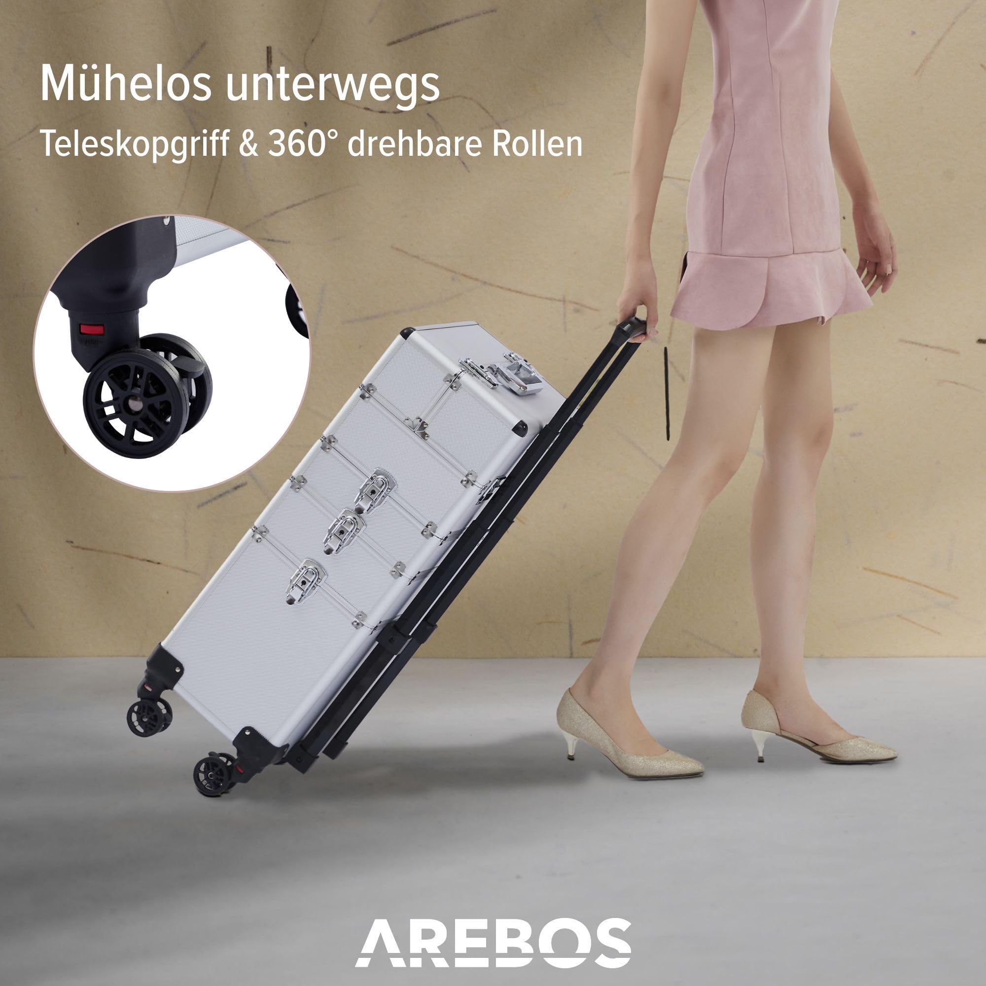 Arebos 4-in-1 Kosmetikkoffer | 4 Fächer & 1 Schublade | Teleskop- und Tragegriff | 8 Schlösser | 4X 360°-Rollen | Samtfutter | Trolley | Make-Up Koffer | Silber