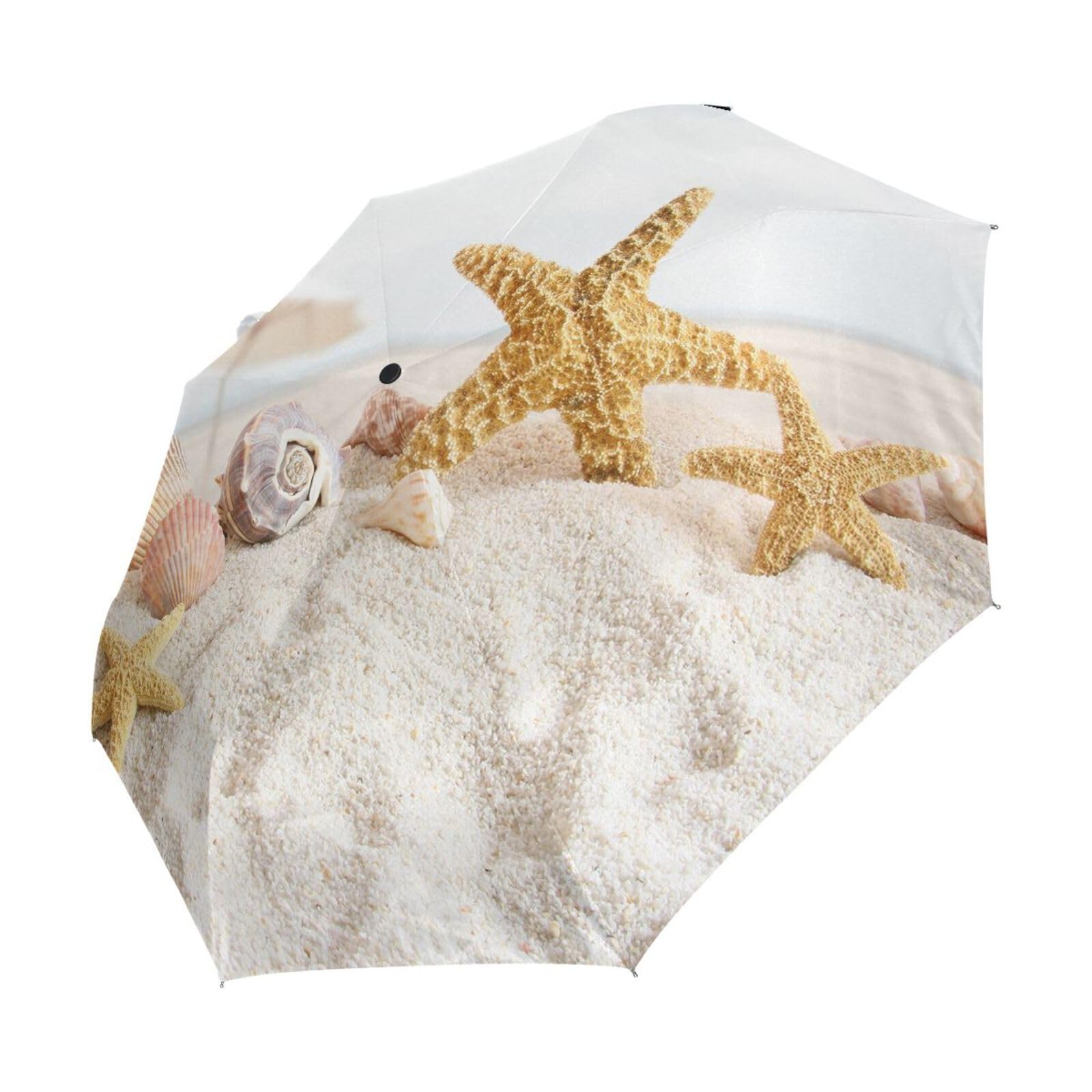 Vftphvr Auto Open/Close Folding Umbrella, Portable Strong Lightweight Travel Rain Umbrella Automatic Compact Sun Parasol with UV Protection Print White Beach Sand Starfish Seashell at The Beach