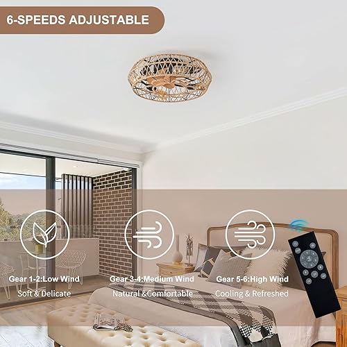Miniatura 2 de Boho Ceiling Fan with Light Rattan Caged Ceiling Fan Low Profile Fandelier Fan Flush Mount Ceiling Fans Retractable Ceiling Fan with Light for