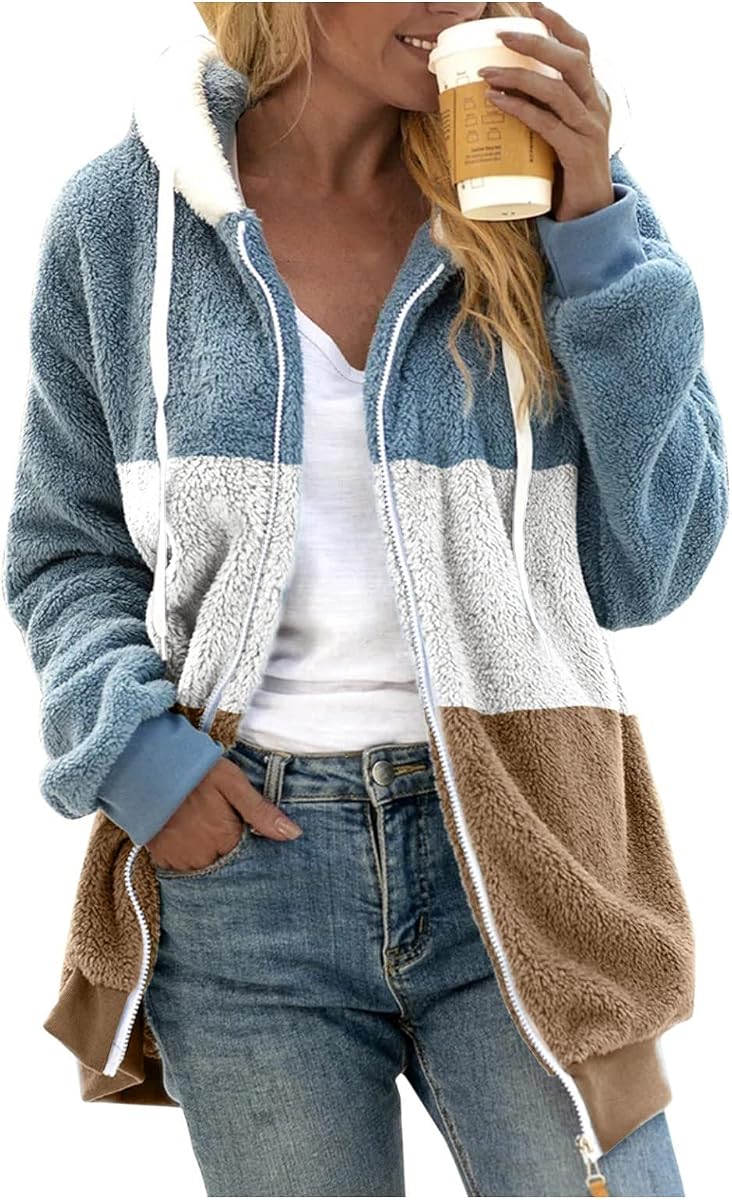 SHAOBGE Oversized Fuzzy Fleece Jackets For Women Fashion 2024 Color Block Faux Fur Cardigan Coat Shaggy Warm Winter Outerwear