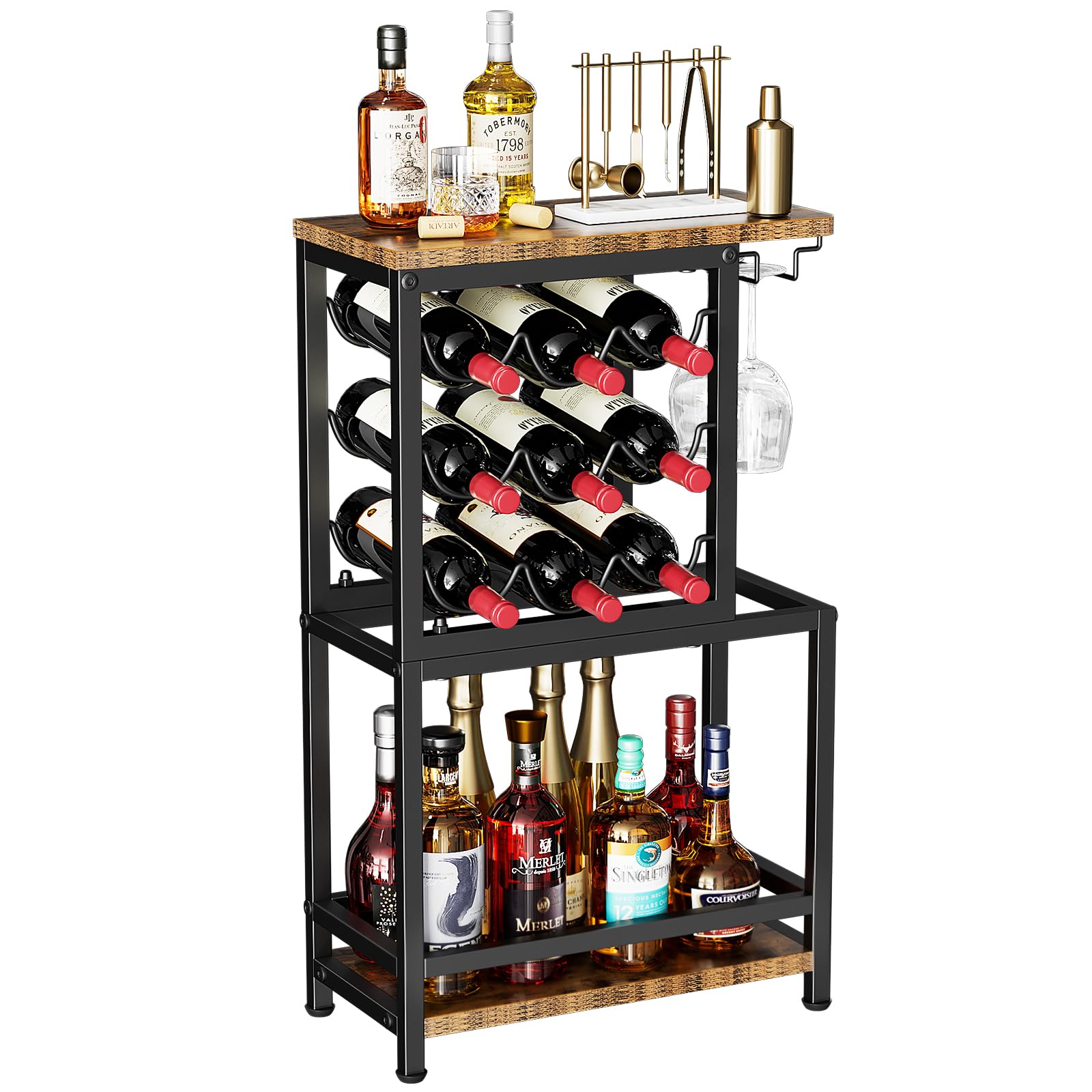 Nuovoware Botellero de Vino Pie, Botellero Vino 3 Niveles con Soporte para Copas, Versátil Soporte Licor para Bar en Casa, Mini Mesa Bar Esquina, Licor, Whisky, Marrón+Negro