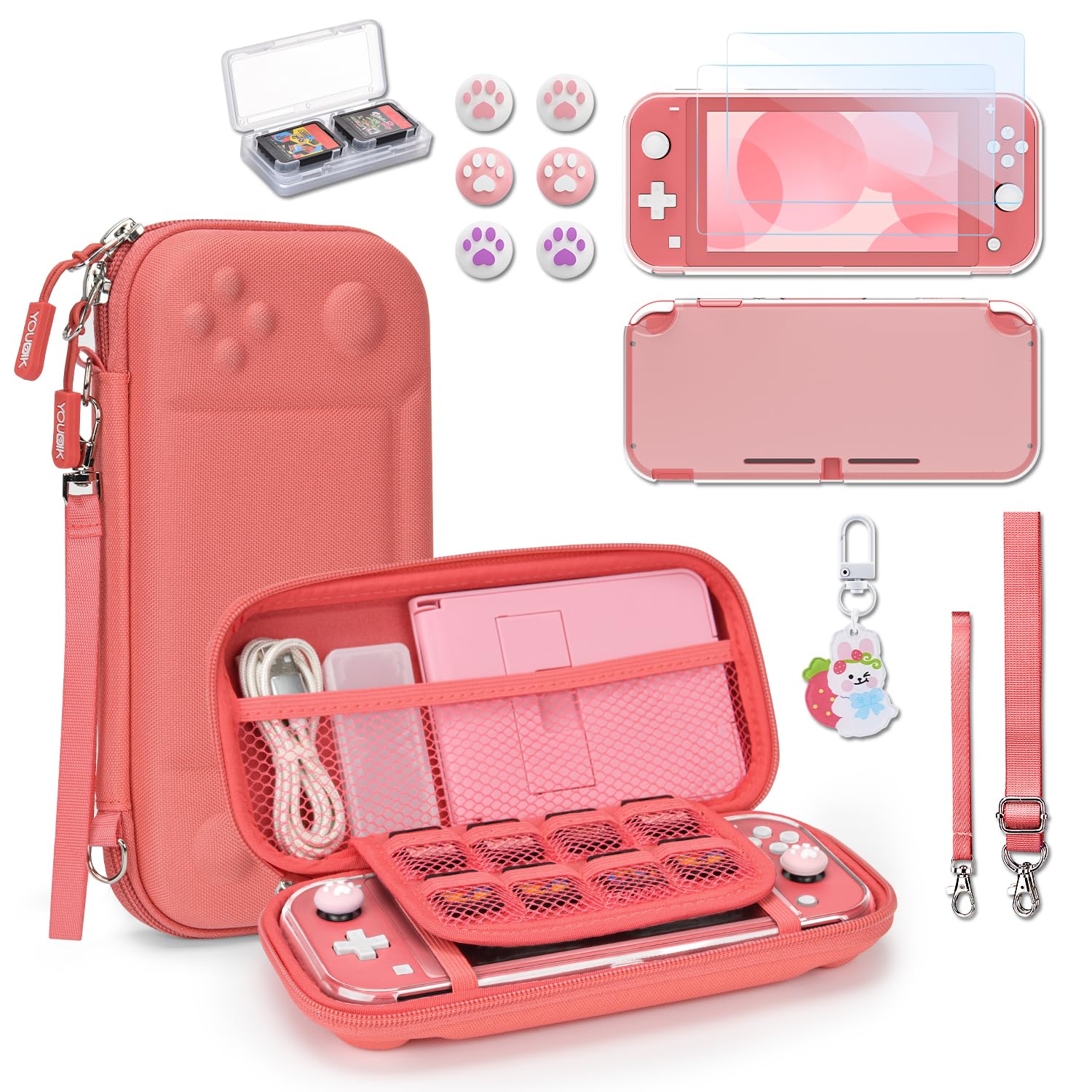 Younik Custodia Switch Lite, Bundle di Accessori Switch Lite 14 in 1, Custodia Protettiva Trasparente, Custodia per Carte di Gioco, 2 Proteggi Schermo, 6 Grip per il Pollice, Ciondolo, Corallo