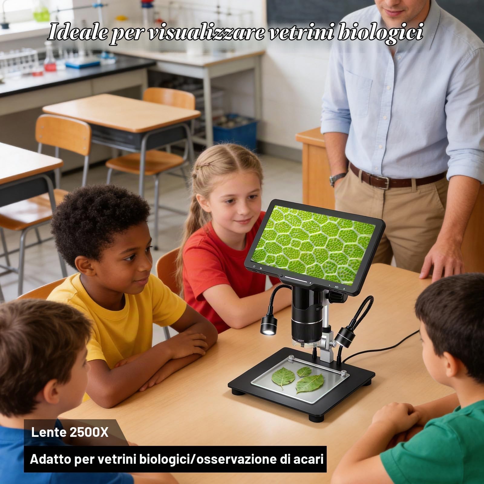 Microscopio digitale Pro con display IPS da 10,1 pollici, 3 obiettivi (1000X-2500X) per saldatura e biologia, fotocamera 2K, anello luminoso a 144 LED, HDMI/USB, 32 GB per bambini e professionisti