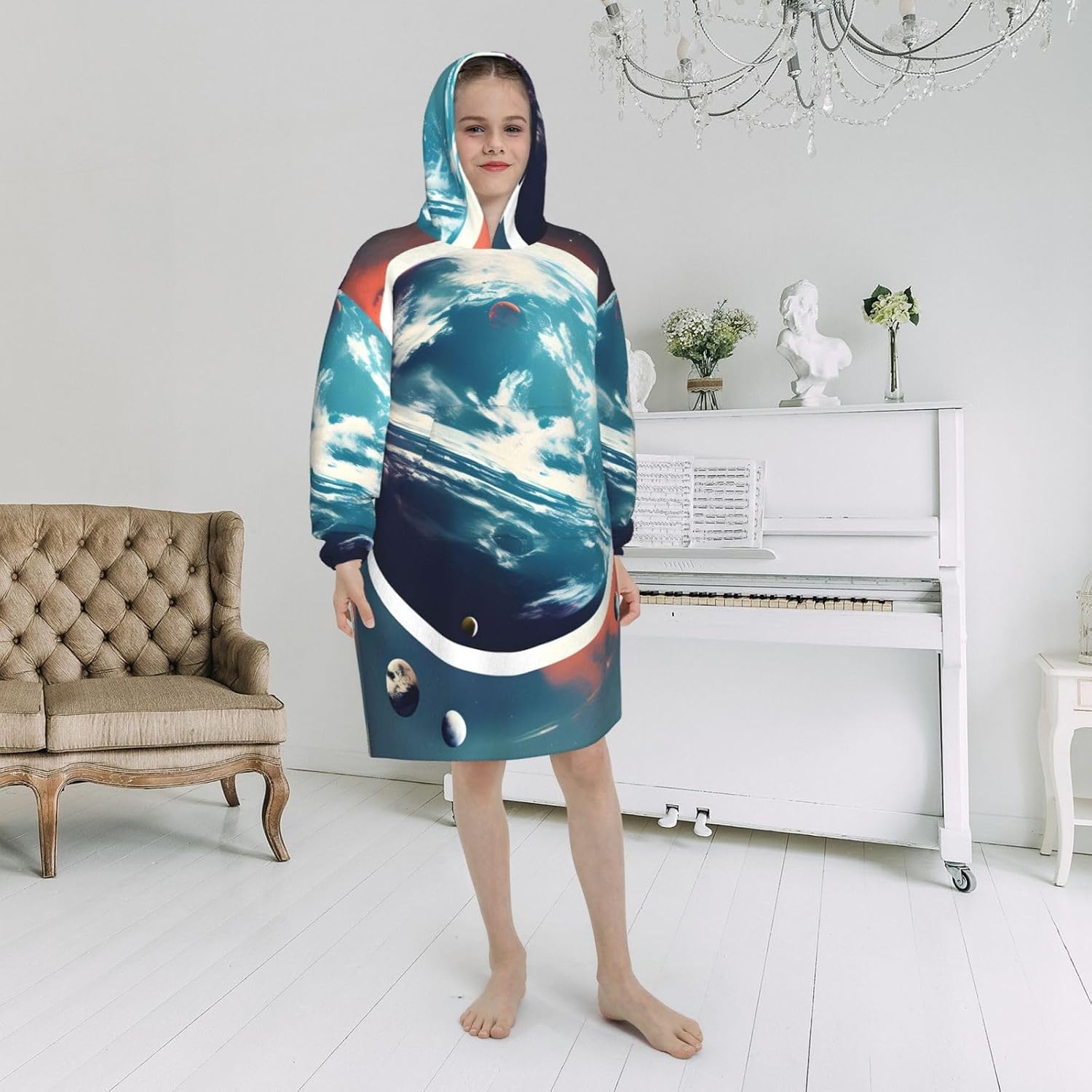 Space Planet Earth Print Oversized Blanket Hoodie, Wearable Blanket Hooded,Hooded Pullover With Pocket