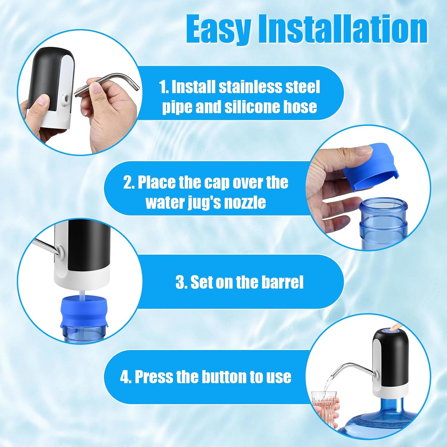 CHIVENIDO 5 Gallon Water Dispenser - Water Bottle Pump with Reusable Cap for Screw Top or Crown Tops, USB Charging Water Jug Dispenser for Universal 2-5 Gallon Bottle