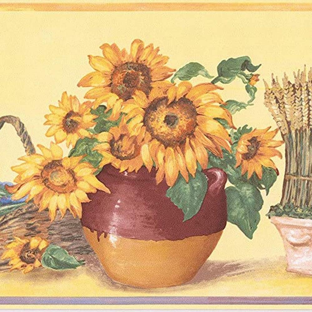 CONCORD WALLCOVERINGS ™ Classic Hazel Vases Wallpaper Border Featuring Sunflowers and Lavenders, Colors Brown Yellow and Purple, Size 7 Inches by 15 Feet KC78061