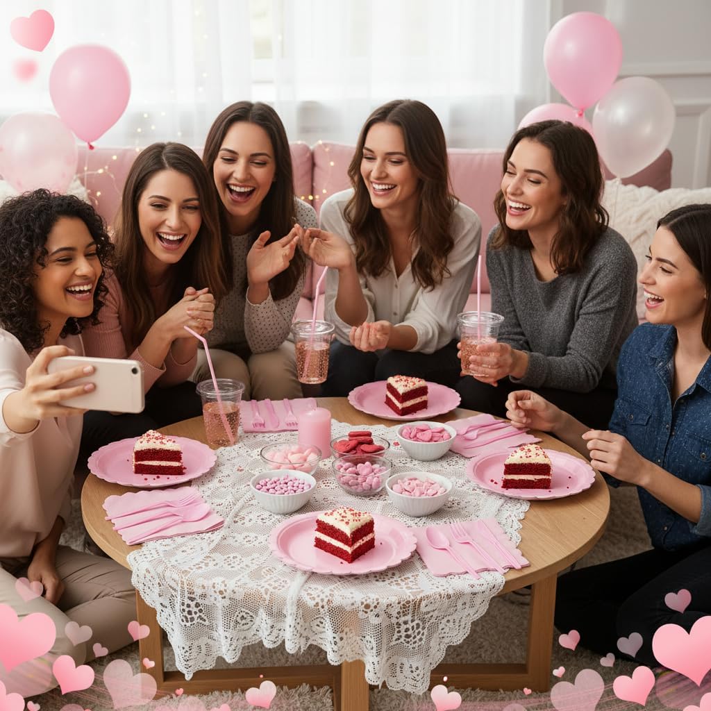 175 Pcs Pink Plates and Napkins, Pink Valentines Plates Set Include Scalloped Plate Napkins Cups Plastic Spoons Forks Knives Disposable Dinnerware for Birthday, Wedding, Bridal Baby Shower - Image 6