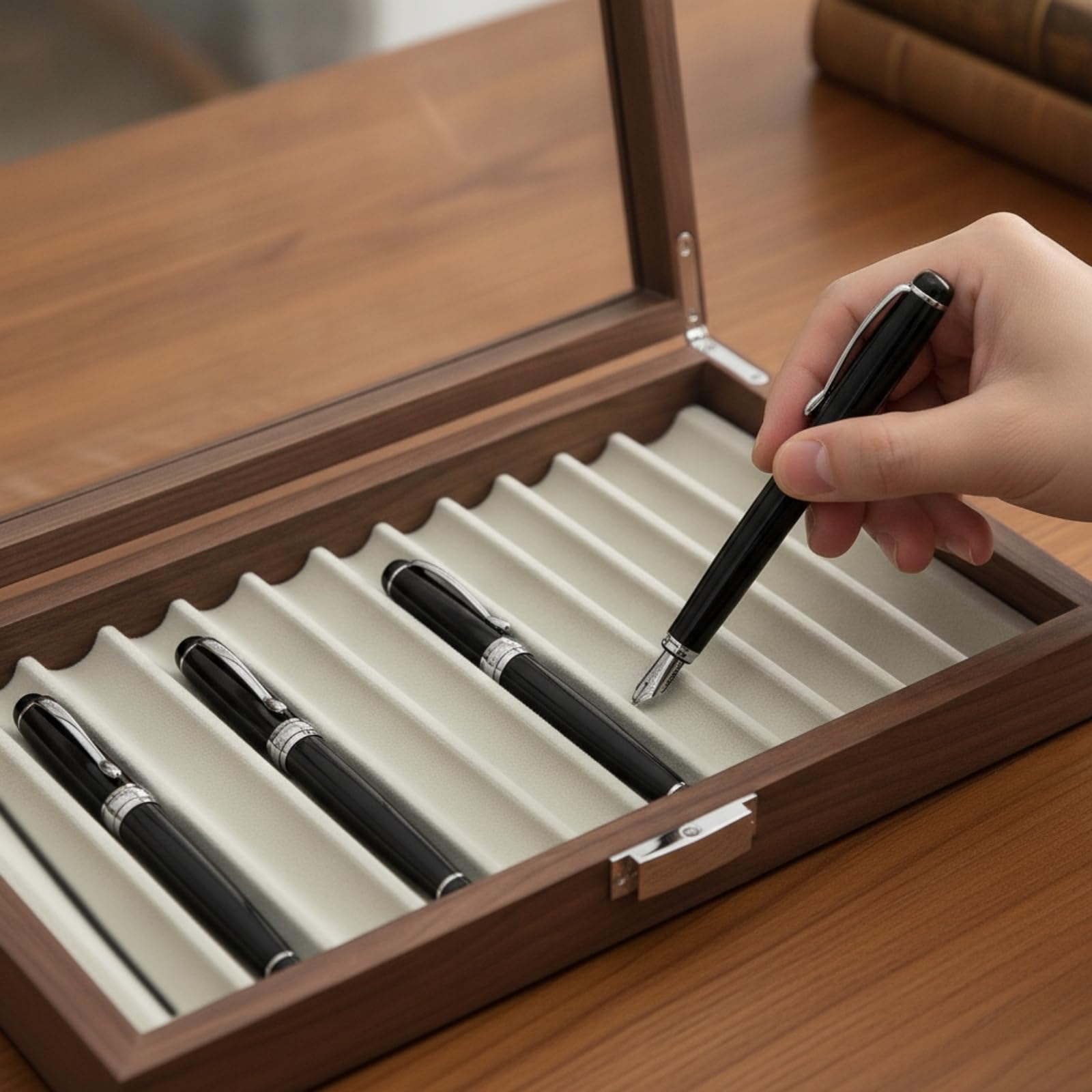 kowaku Pen Display Case Espositore Porta Penne Scatola Custodia in Legno con Finitura Venata Coperchio in Vetro Scomparti con Scanallature Antipolvere con Ganci Metallici Adatta a Studio , Noce Nero
