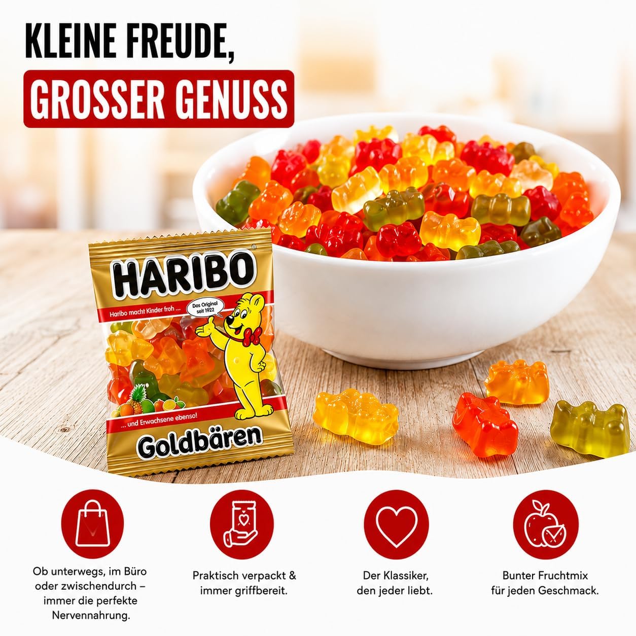 Goldbären Minis 4x100 Minibeutel (à 10g) – Fruchtgummi Klassiker im Vorratspack – Ideal für Kindergeburtstag, Büro, Schule & Gratis Notizblock