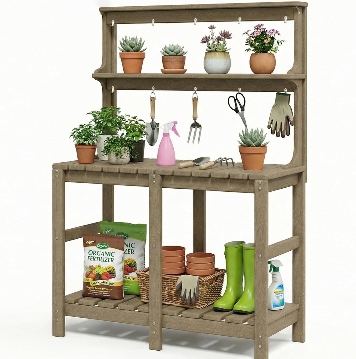 Outdoor Potting Bench with 3 Tier, All-Weather Patio Potting Table with Tool Hooks, HDPE Gardening Table for Backyard, Garden, Brown