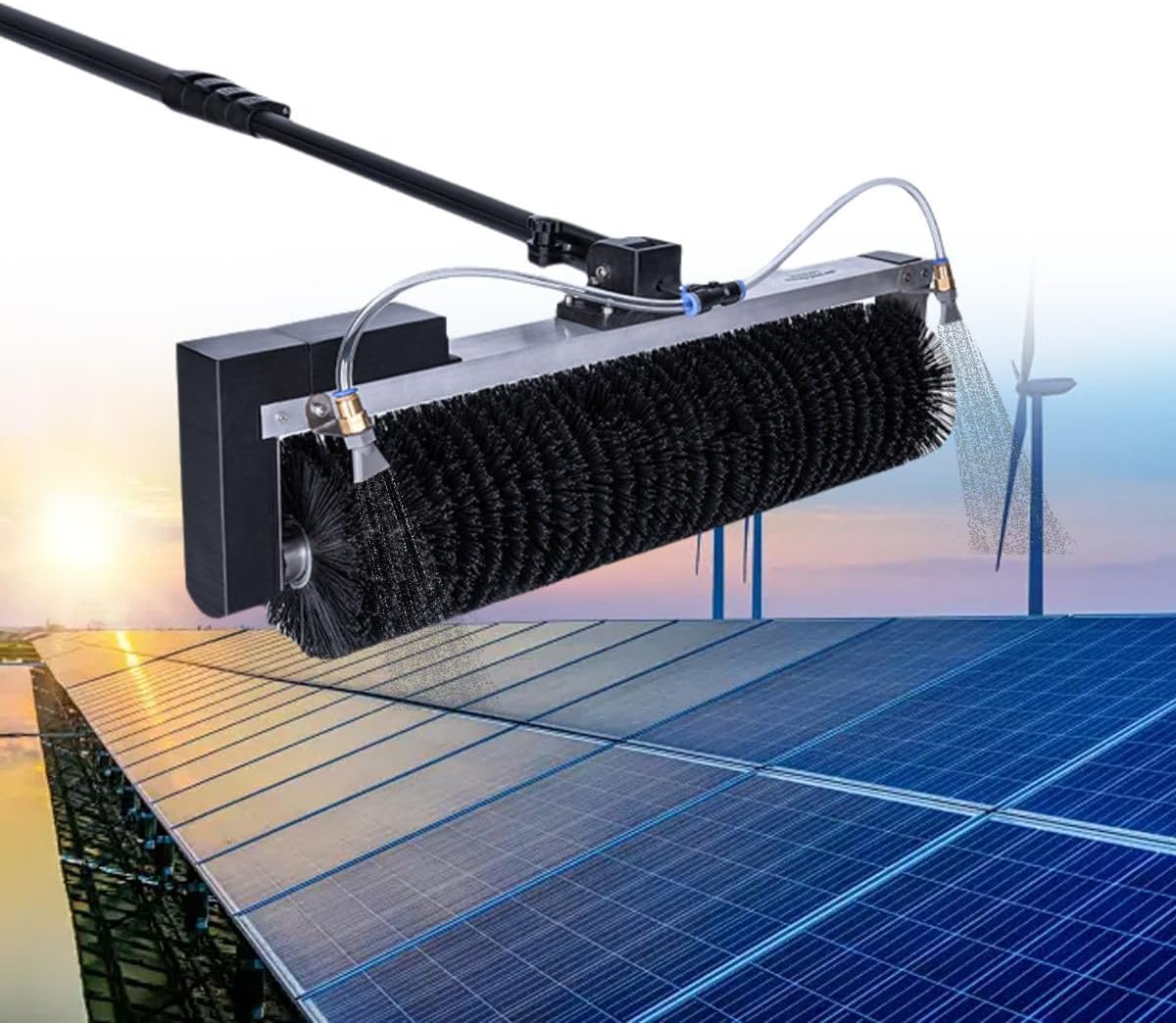 Herramienta Limpieza Paneles Solares Fotovoltaicos, Cepillo Giratorio Para Limpieza De Paneles Solares, Kit De Pértiga Con Alimentación De Agua, 150-300 Rpm, Cepillo De Nylon Con Alambre Black-7.5m