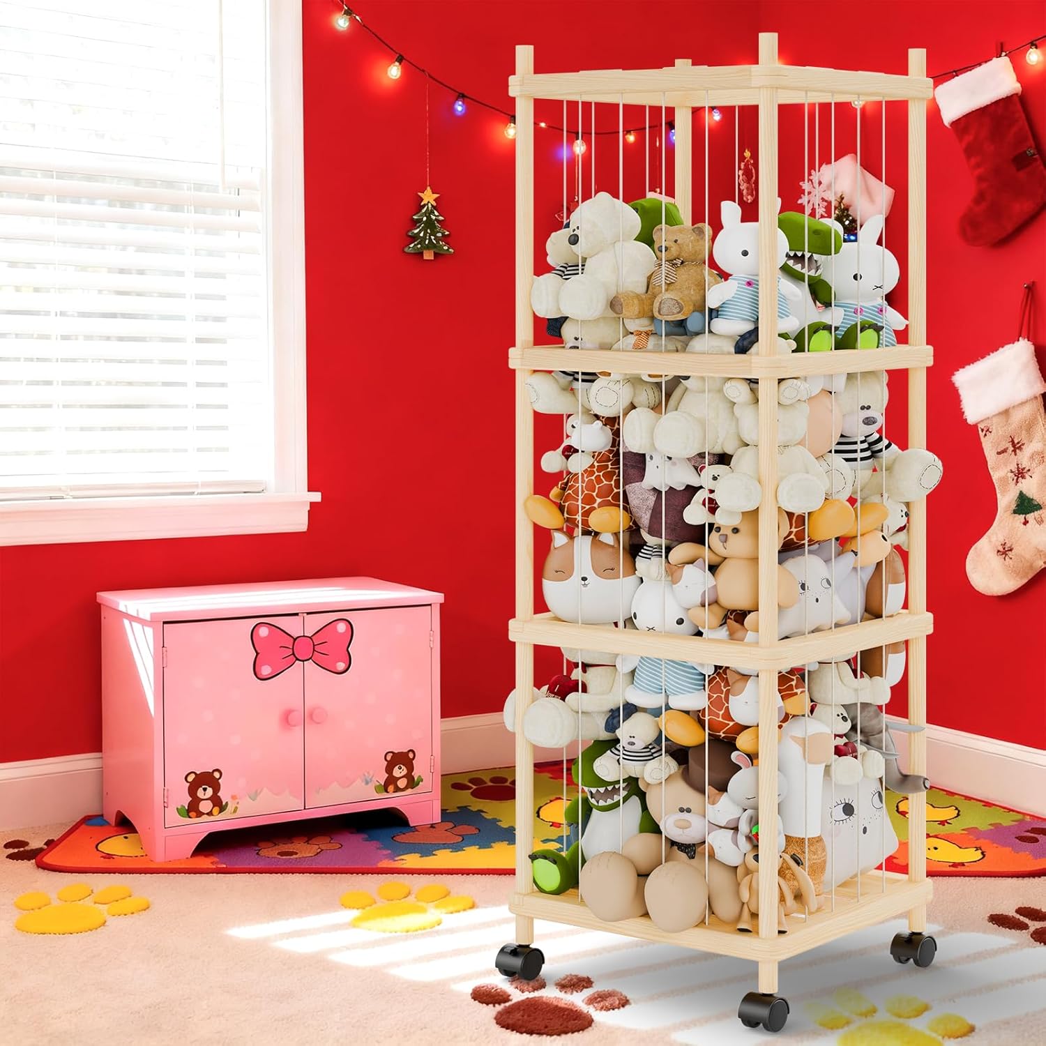 Stuffed Animal Storage and Holder - Large Size Wooden Animals Zoo Toy Organizer with Elastic Bands, Swivel Wheels and Castle Stickers, For Toddler Rooms, Playrooms, Bedrooms(58x16x16inch) 58inches