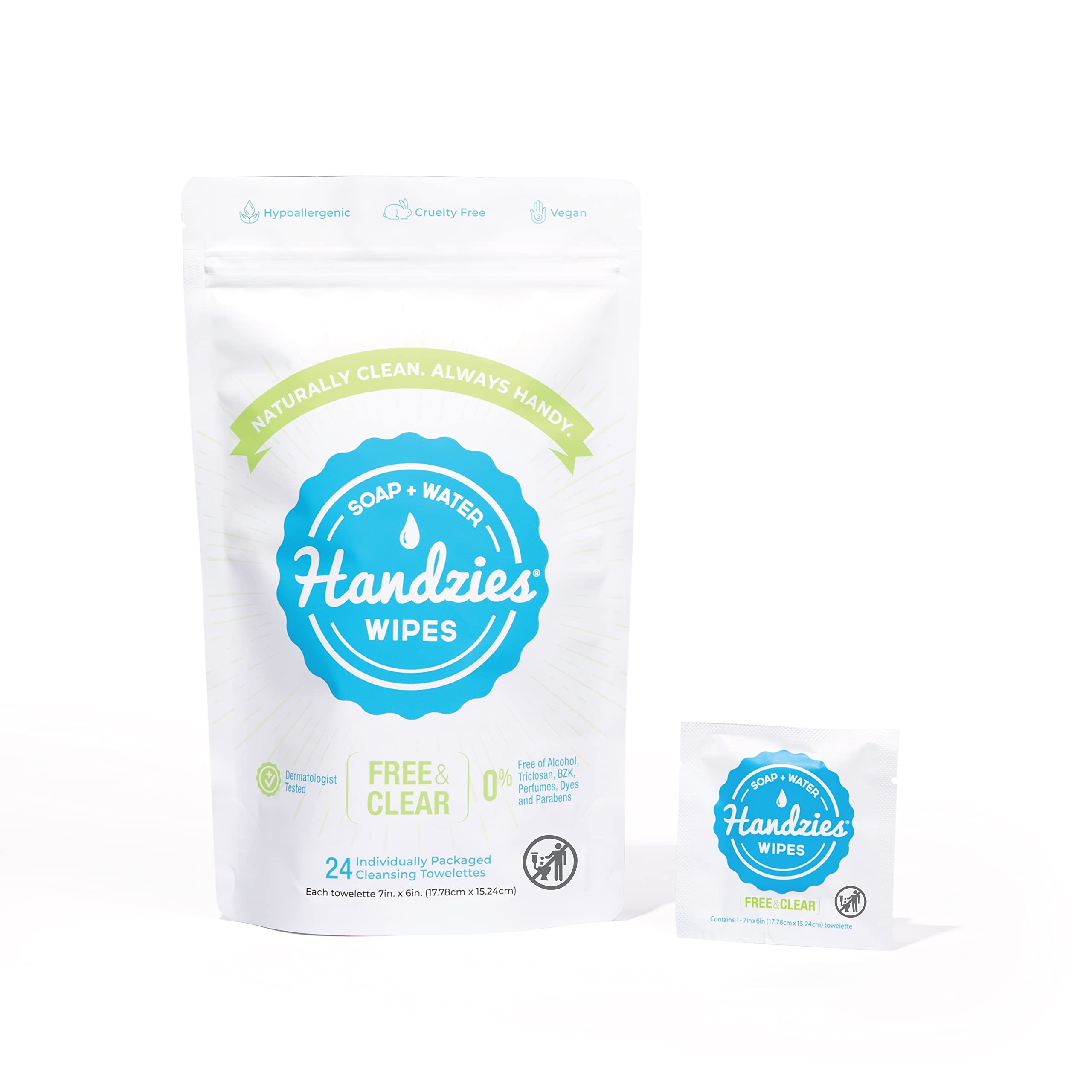 Handzies Natural Soap and Water Hand Wipes, Hypoallergenic, Free and Clear, Individually Packaged Singles (24)