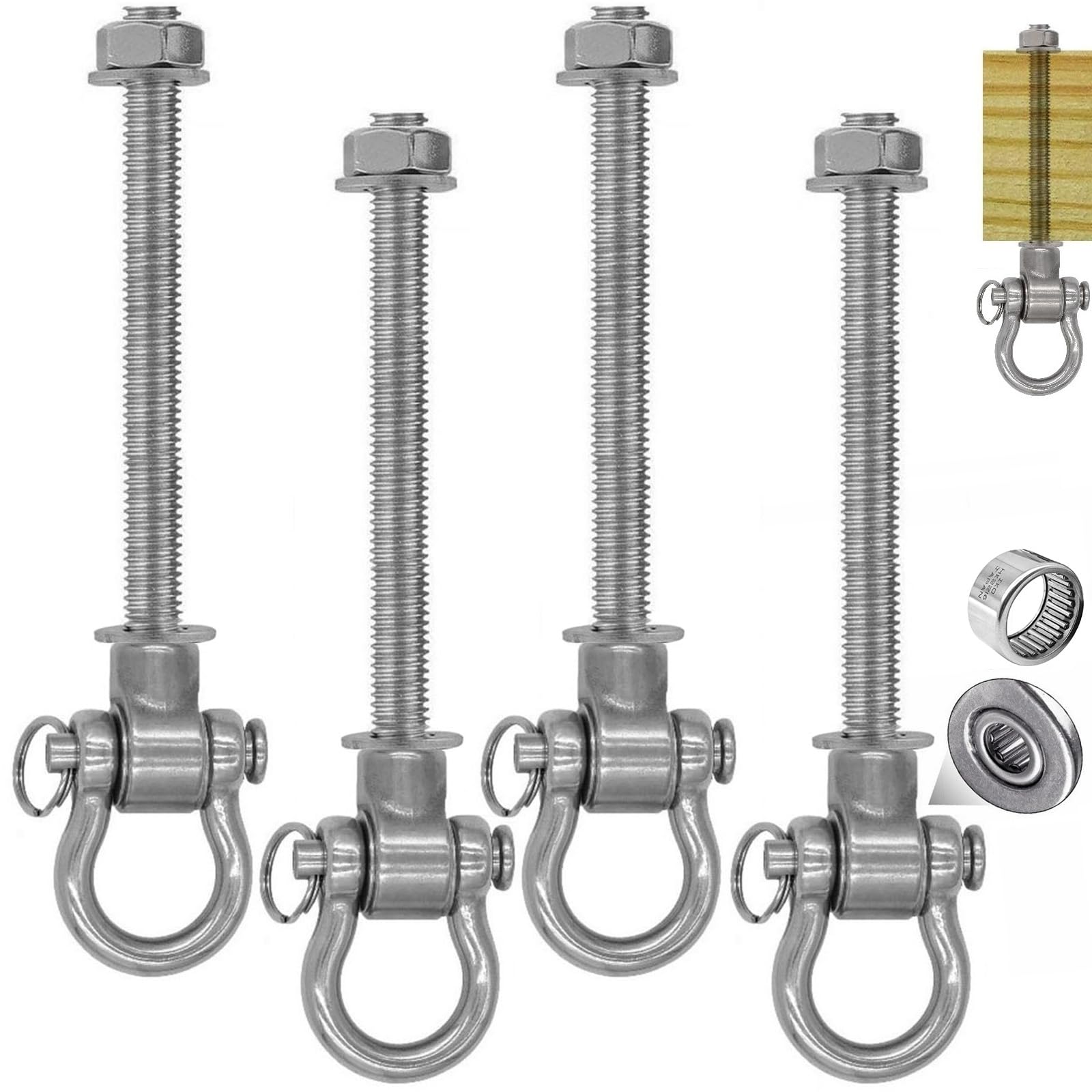 4 ganci per altalena, con travi in legno, M10, in acciaio inox, con cuscinetti per parco giochi, amache, yoga, sacco di sabbia, capacità di carico 675 kg