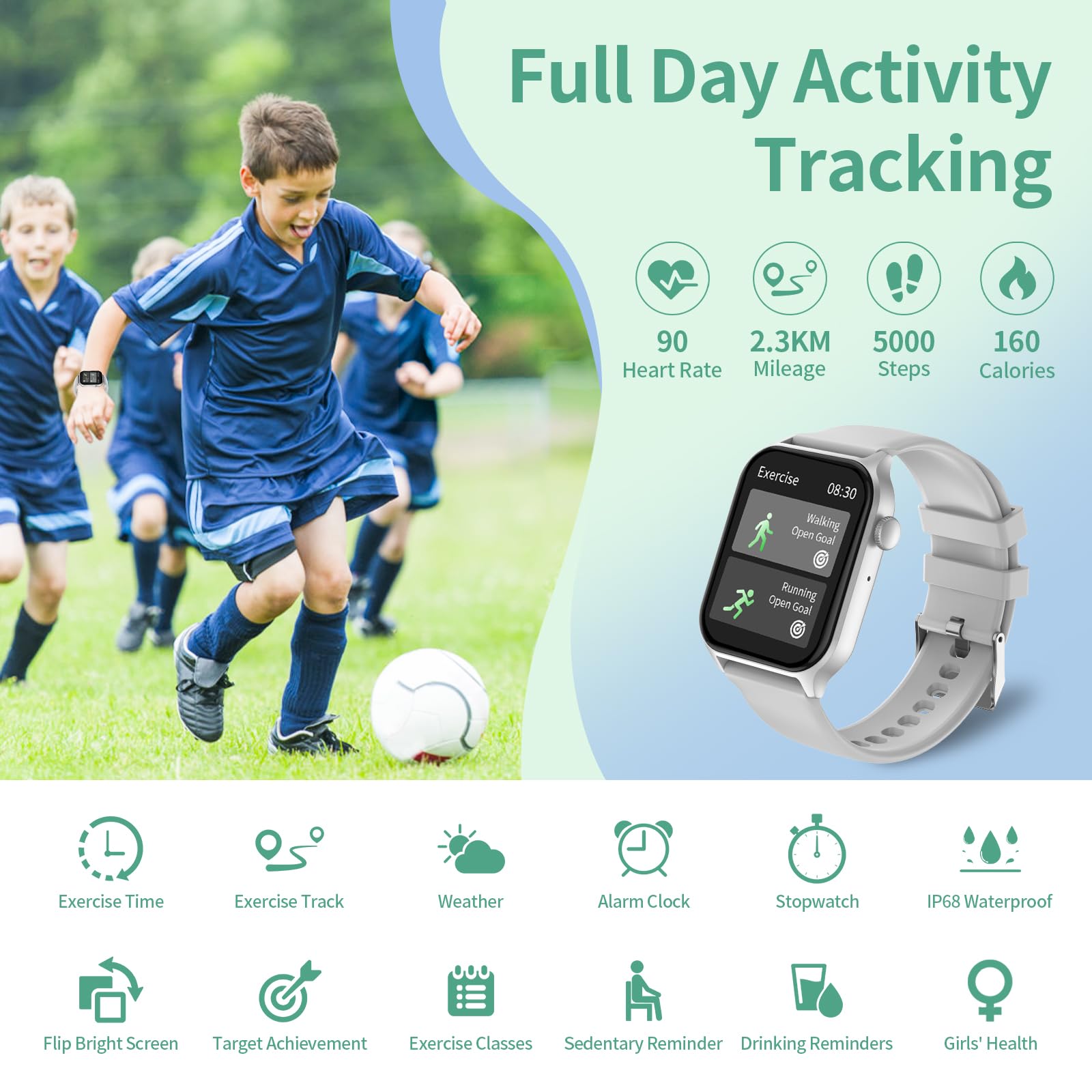 Inteligentny Zegarek dla Dzieci Smartwatch Chłopcy Dziewczynki | Tętno Śledzenie Snu Krokomierz Budzik Sportowy IP68 Wodoodporny Fitness Tracker -Prezenty dla Nastolatków