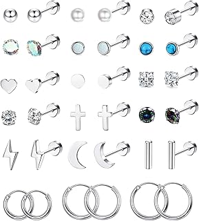 18 Pairs Surgical Steel Stud Earrings Set for Women Men Hypoallergenic 20G Screw Flat Back Earrings Hoops Ball Bar Moon Heart Opal CZ Tiny Small Cartilage Earrings Tragus Daith Helix Earrings Piercing Jewelry