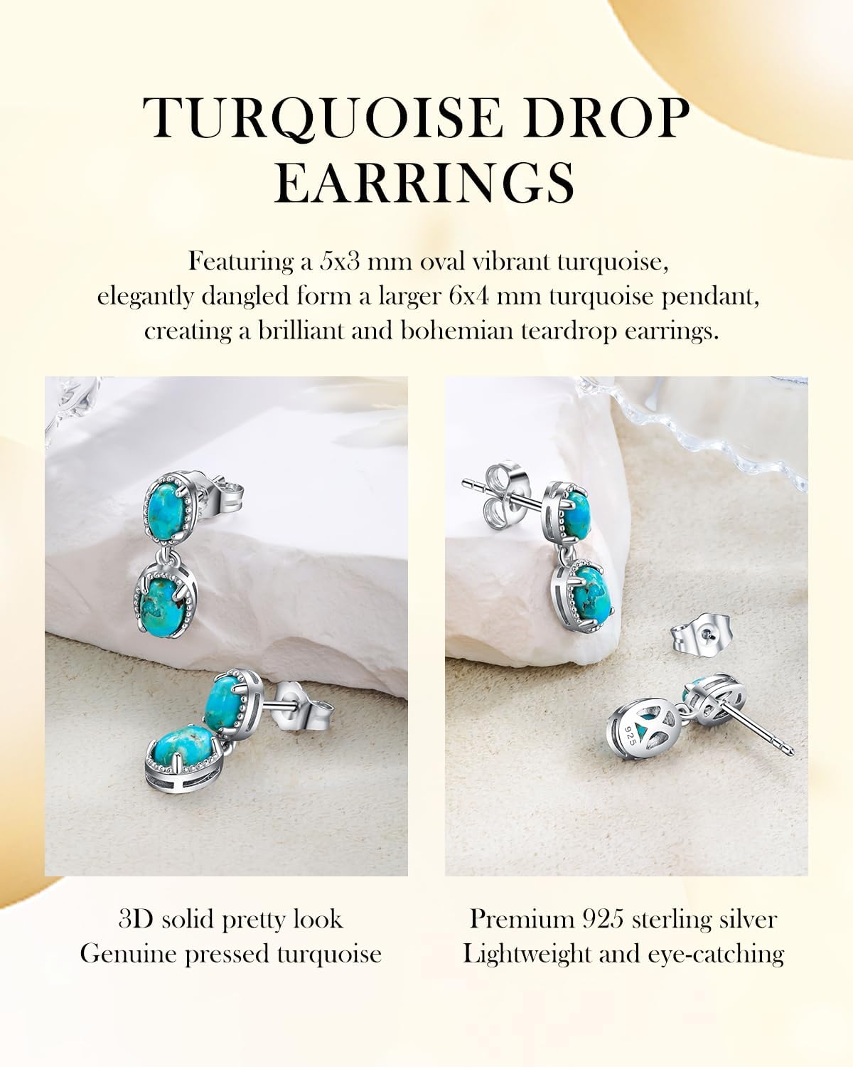 AIBAO Natural Oval Gemstone Drop Earrings for Women Turquoise/Lapis Lazuli/Malachite Stud Earrings Hypoallergenic Sterling Silver Statement Earrings Western Bohemian Jewelry