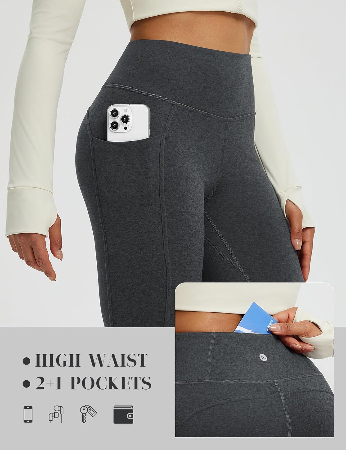 baleaf Womens 25" Petite Fleece Lined Leggings High Waisted Warm Thermal Winter with Pockets Snow Pants - Image 6