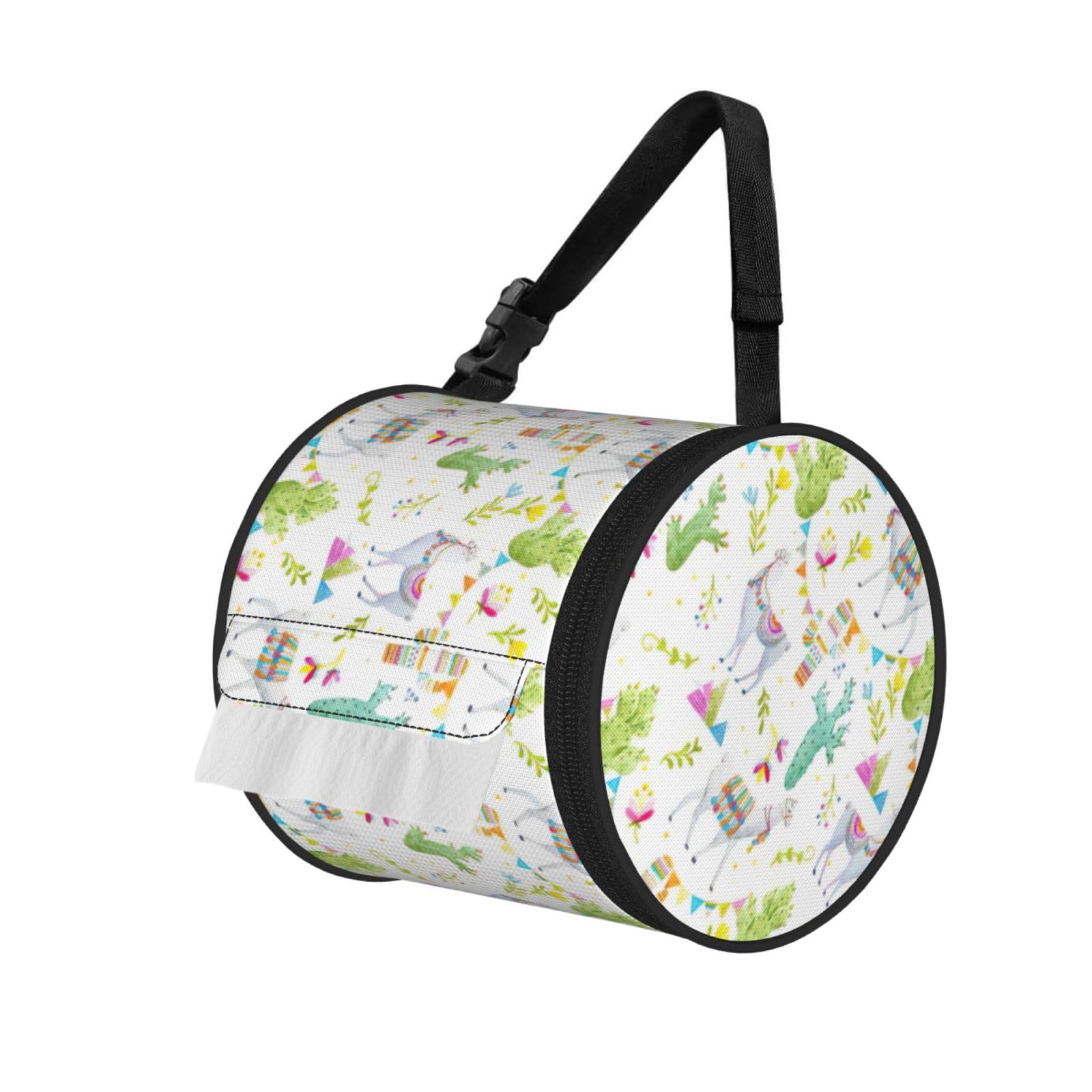 Alpaca Llama Cactus Flag Mountain Print Cylinder Tissue Organizer Bag With Strap, Portable Toilet Roll Holder For Camping Car