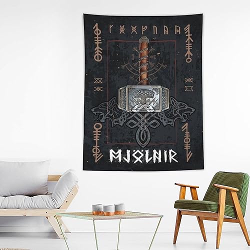 Miniatura 3 de Norse Mythology Tapestry Mjolnir Tapestry Cool Artworks Painting Wall Art Prints Hanging Picture Home Decor Tapestries Gift Idea 60"x80"