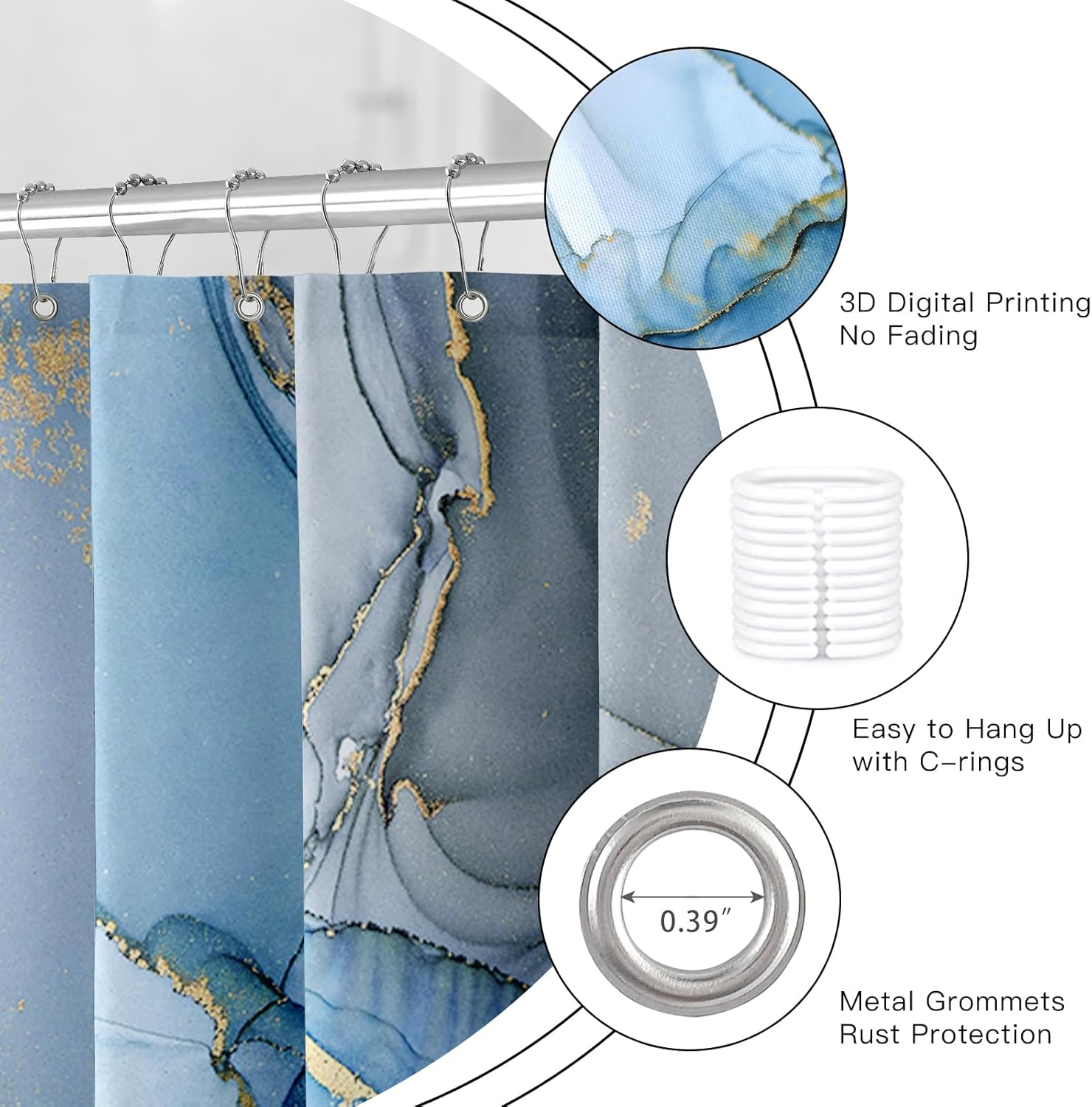 5PCS Blue Marble Bathroom Sets, 2 Shower Curtains - 60x72 & 72x72 with 3PC Rugs