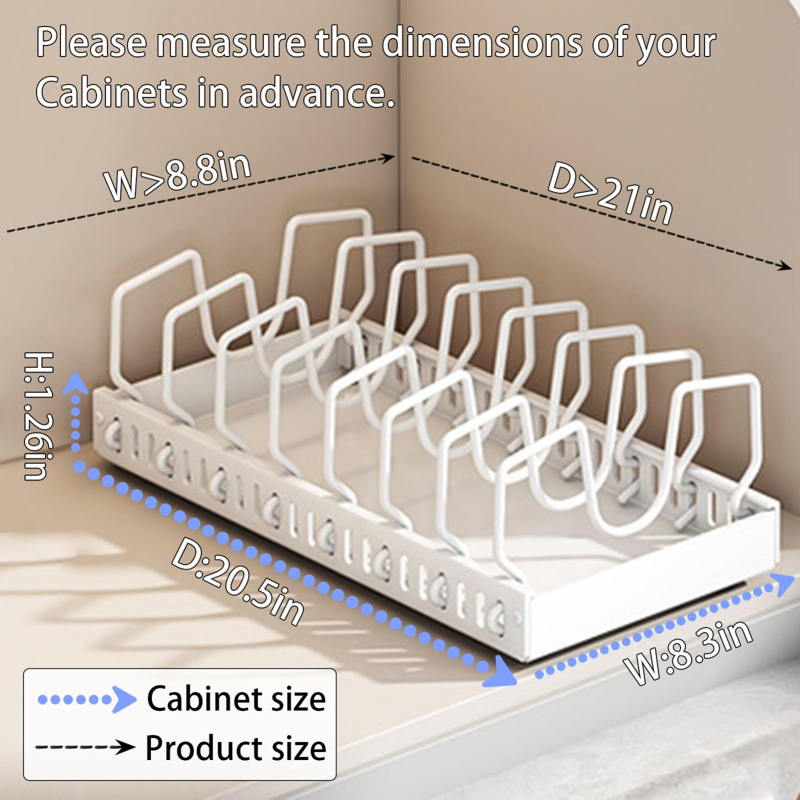 Scolapiatti,Organizer per pentole e padelle sottopensile,portacoperchi Estraibile Profondo 20,5" con Guide adesive,Contenitore pentole,teglie,Piatti,9 divisori Regolabili(Bianco)
