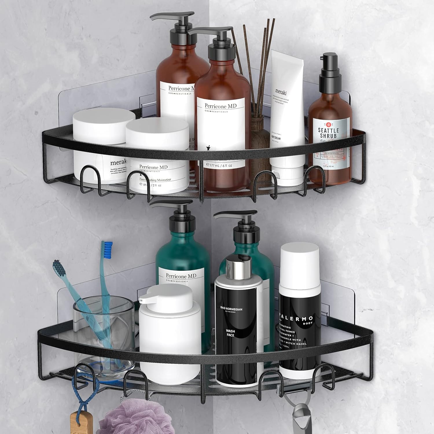 Kerisgo Corner Shower Caddy 2 Pack Adhesive Bathroom Shower Corner Organizer Shelf No Drilling Rustproof Wall Mounted Shower