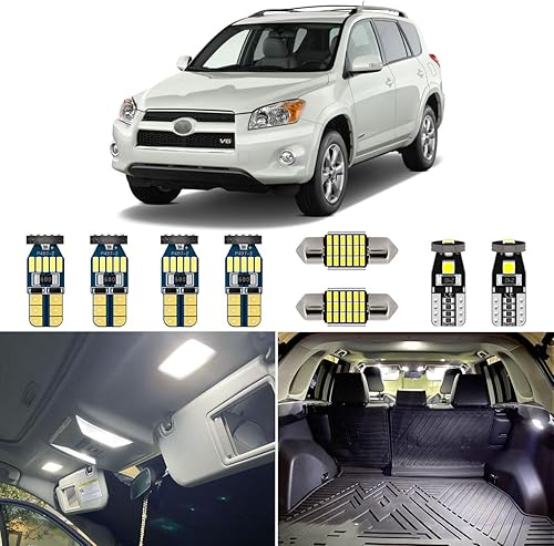 Miniatura 1 de Kit de 8 luces LED blancas para interiores Toyota RAV4 2006 2007 2008 2009 2010 2011 2012 súper brillante 6000K luces LED interiores paquete +
