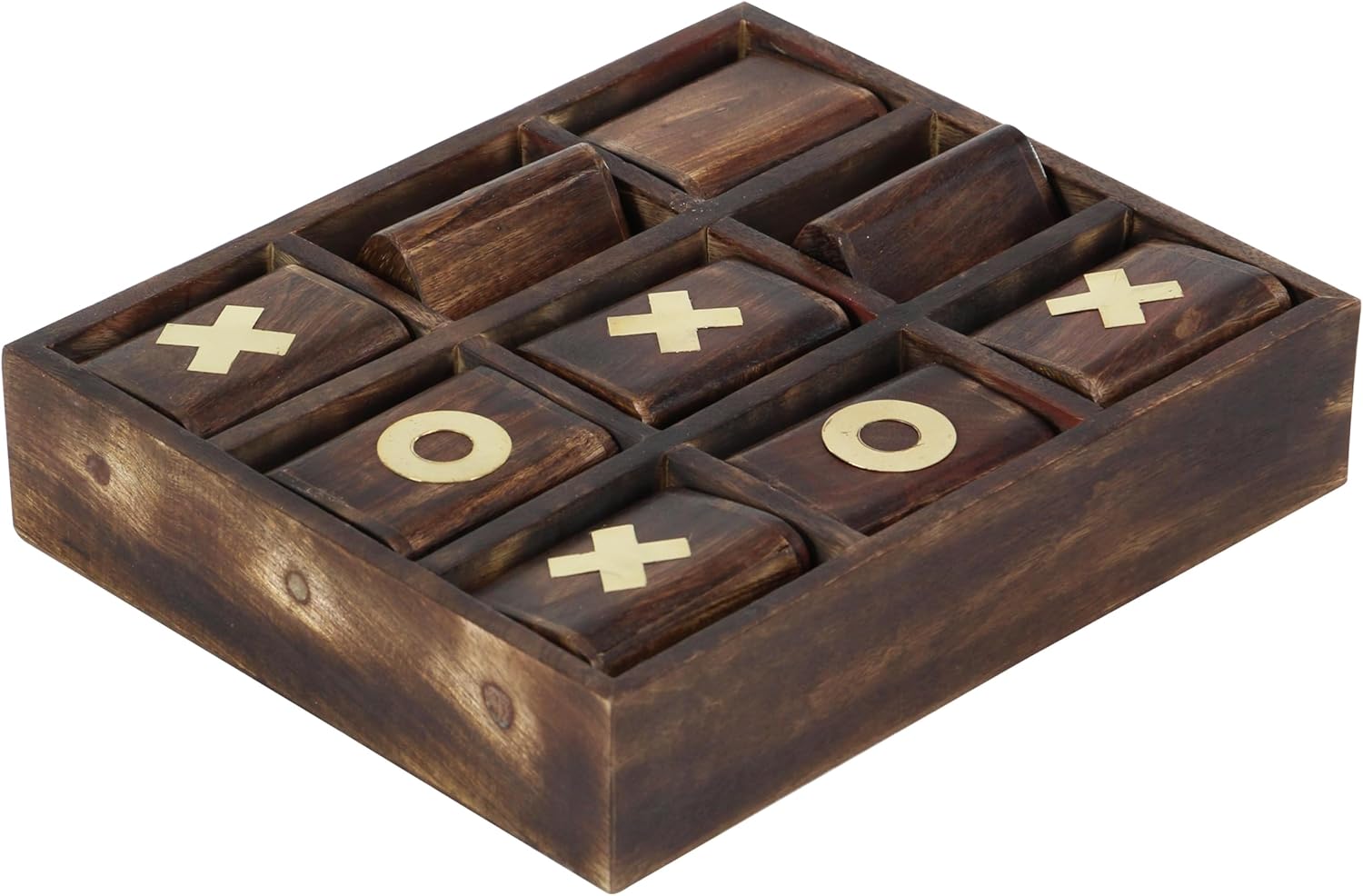 Deco 79 Mango Wood Tic Tac Toe Game Set with Gold Inlay, 11" x 13" x 3", Dark Brown