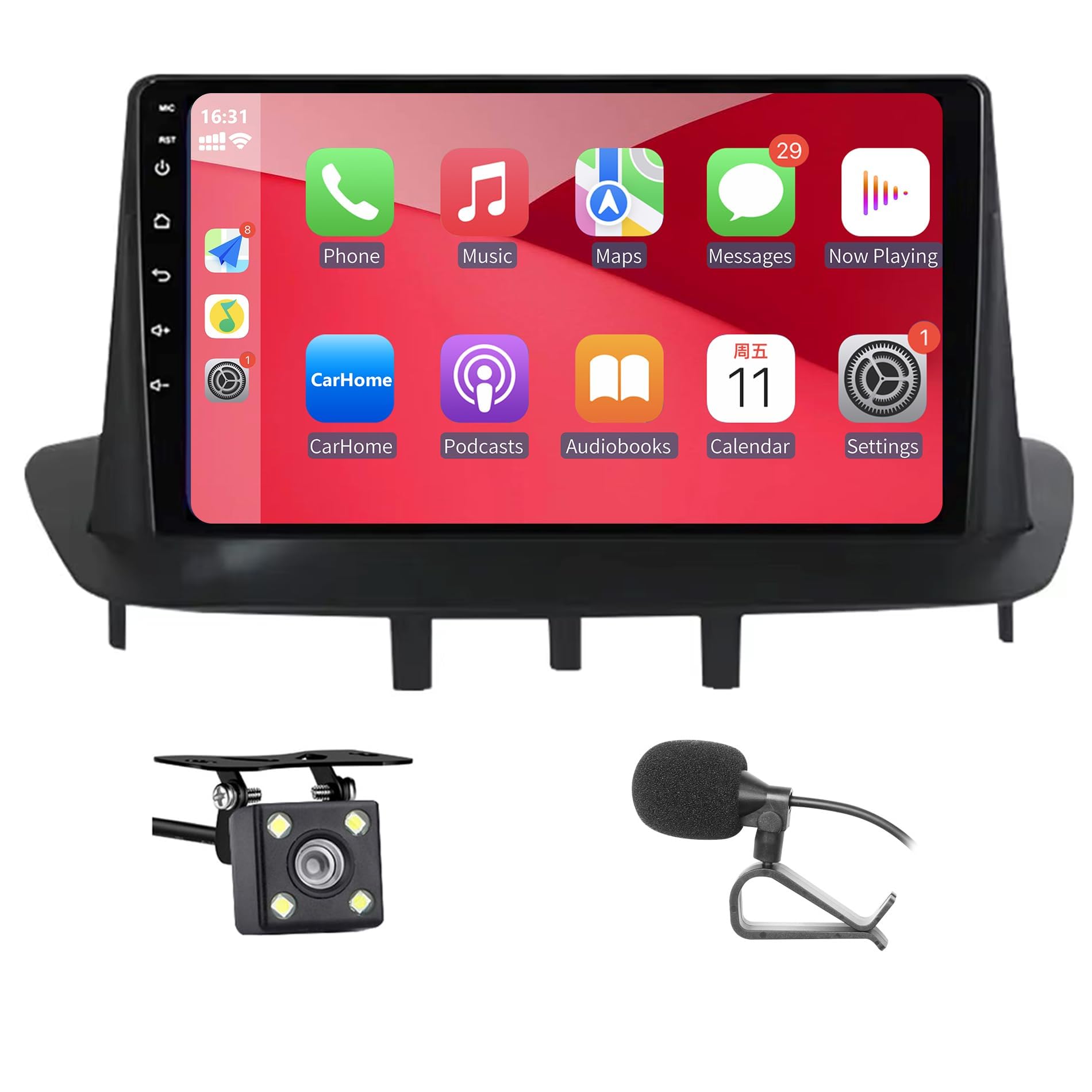 Autoradio Renault Megane 3 2008-2014 con Android Auto y CarPlay Inalámbrico 9" Pantall Radio Coche Bluetooth Estéreo iOS Android con FM GPS Navegación USB Cámara Trasera Mic Reproductor Multimedia