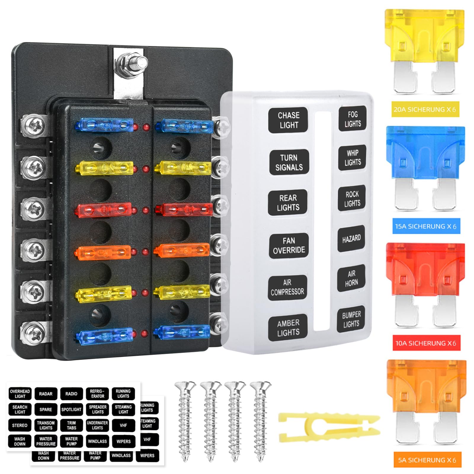 12 Fach KFZ Sicherungskasten 12V, Sicherungshalter Flachsicherung ATC/ATO 24 Sicherungen Wasserdichte Sicherungsblock mit LED-Anzeige Positiver für DC 12V / 24V Auto LKW Boot VAN SUV Marine Fahrzeug