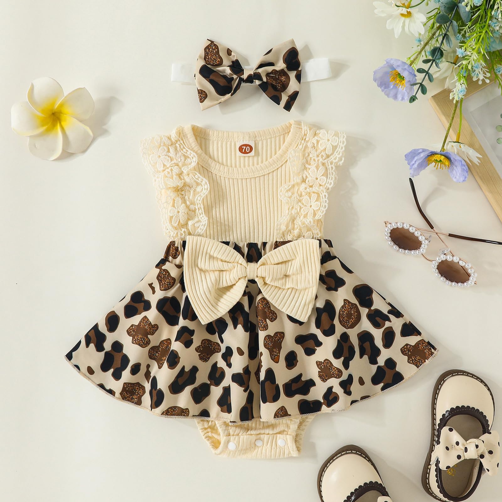 TinyGlam Newborn Baby Girl Romper Dress Floral Long/Short Sleeve Lace Skirt Bodysuit Hairband Sunflower Clothes 2PCS Set (B-Leopard, 0-3 Months)