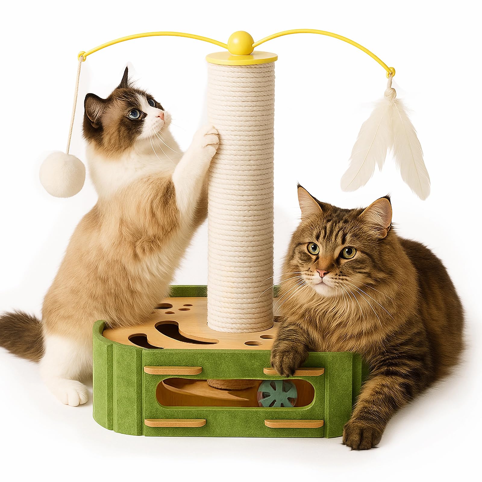 KDULPG Cat Scratching Post with Interactive Cat Toys, Felt Play Box and Sisal Tower