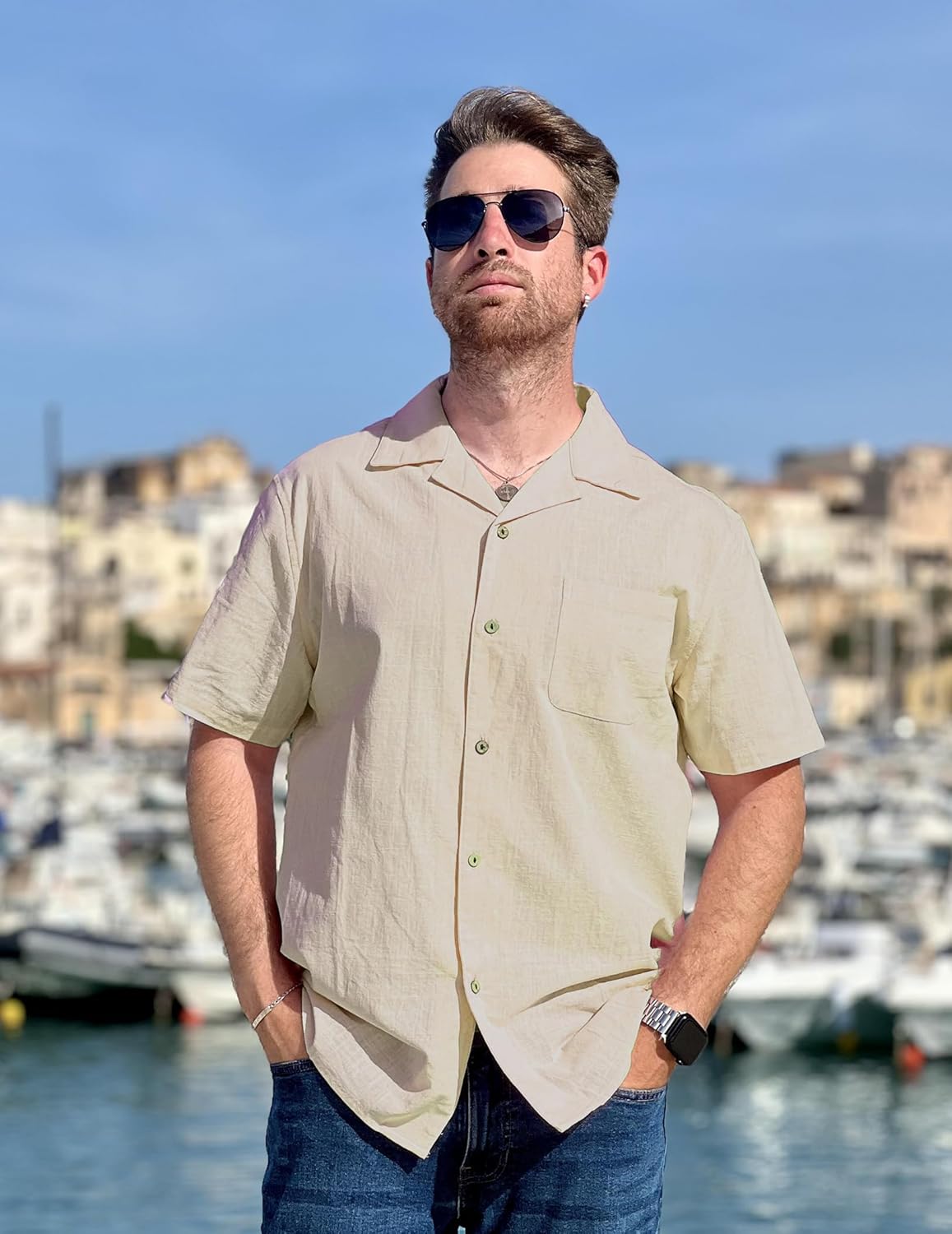 COOFANDY Mens Casual Cotton Linen Shirt Short Sleeve Button Up Shirts Summer Beach Top - Image 4