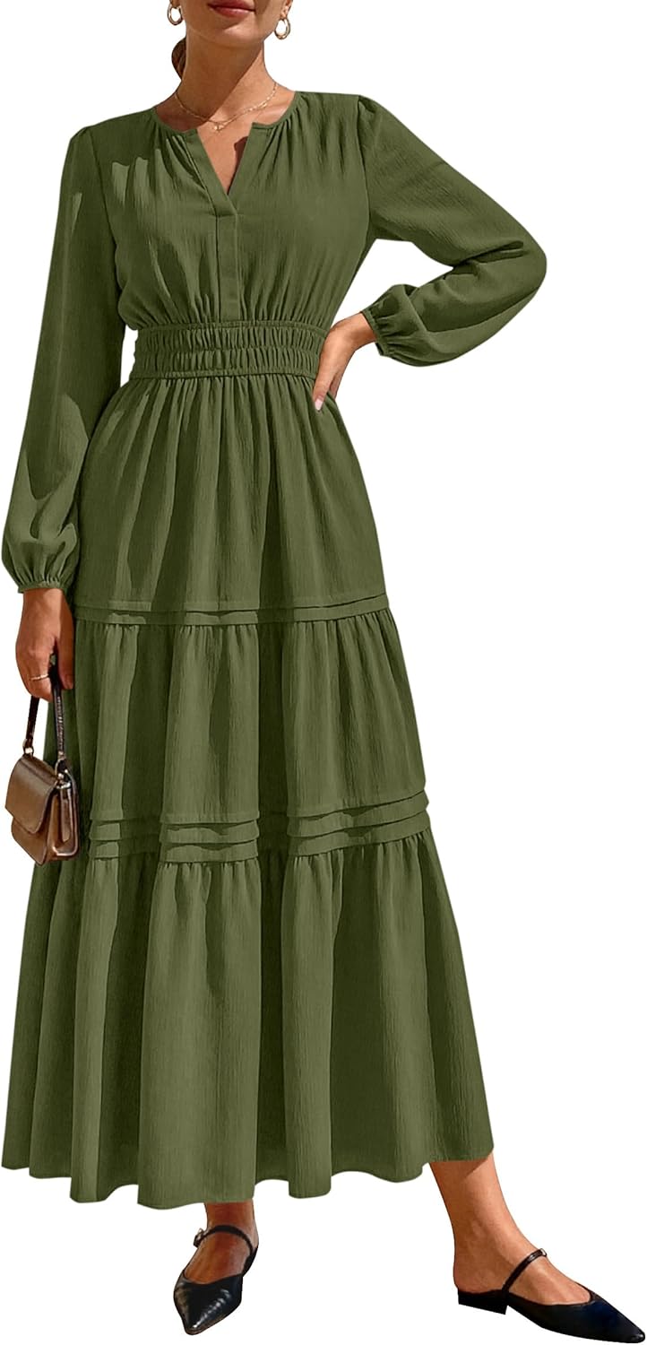 PRETTYGARDEN Women's 2026 Elegant Maxi Dresses Long Sleeve V Neck Flowy Pockets Casual Modest Dress Fall Fashion Clothes