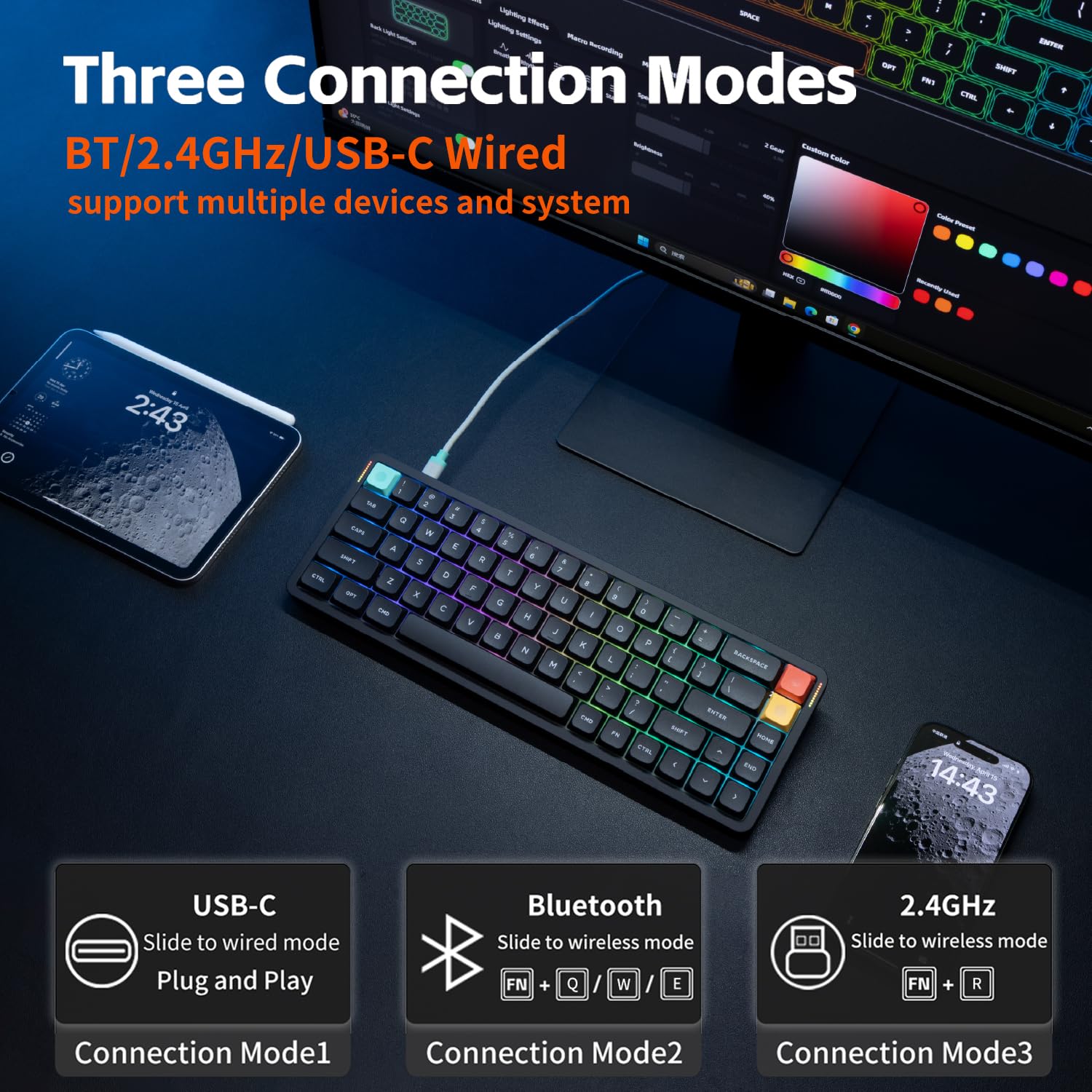 NuPhy Air65 V3 - Tastiera meccanica wireless sostituibile a caldo, 68 tasti, a basso profilo, con pulsante multifunzione, illuminazione RGB, supporta Bluetooth/2,4 GHz/USB-C (layout americano)